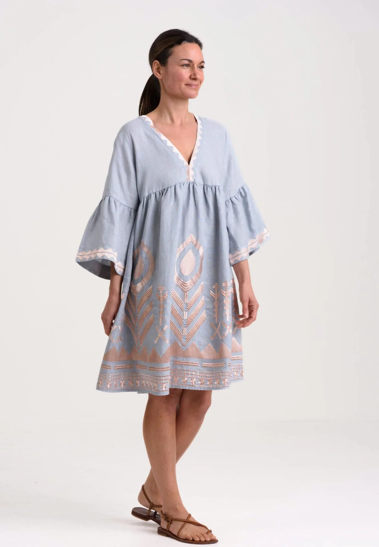 Kori Short Empire Linen Dress, Light Grey & Rose Gold