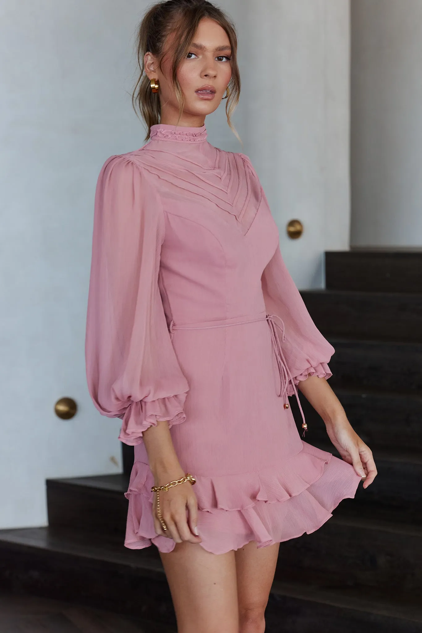 Lark High Neck Balloon Sleeve Dress Blush