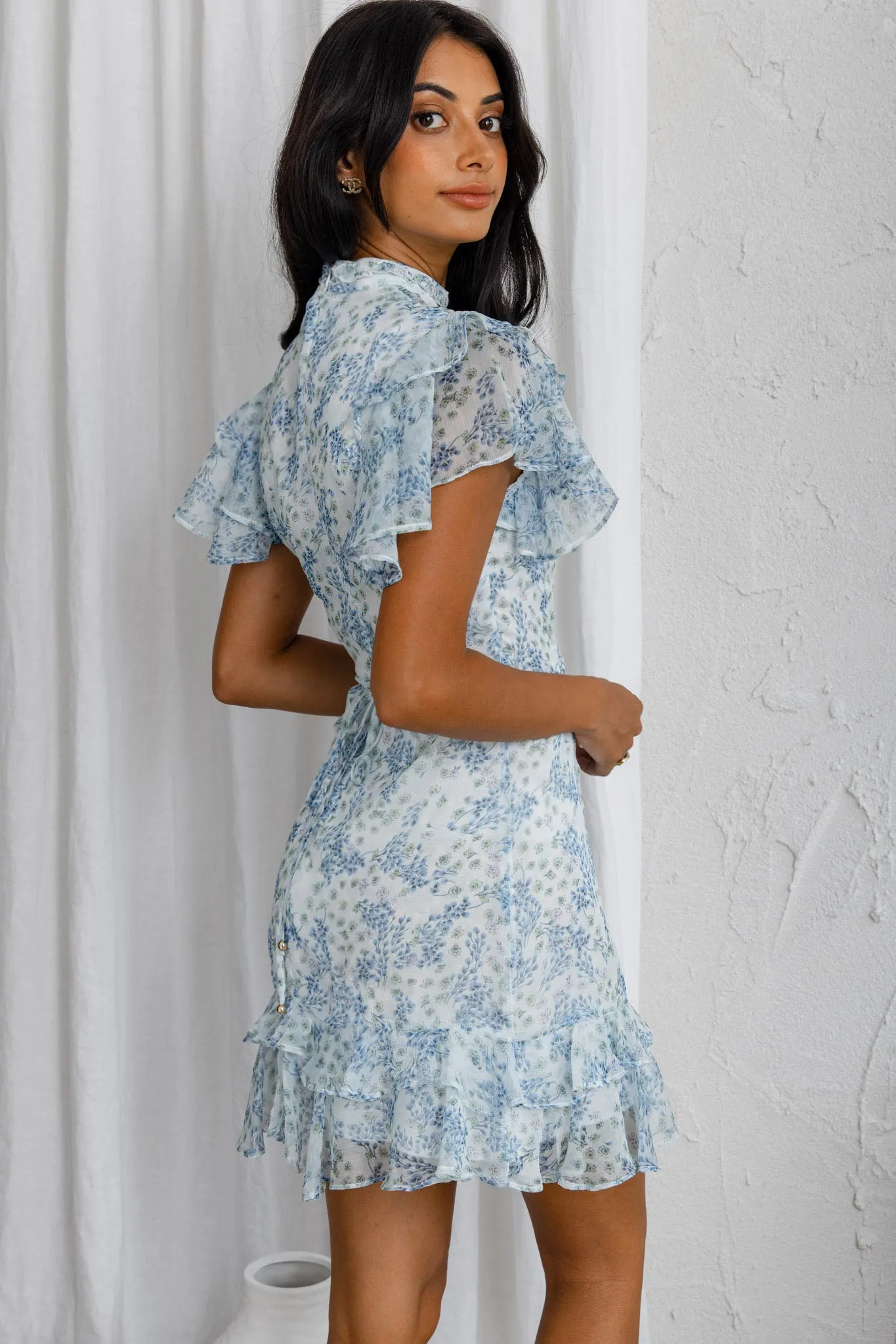 Lark High Neck Ruffle Sleeve Dress Clover Print Blue