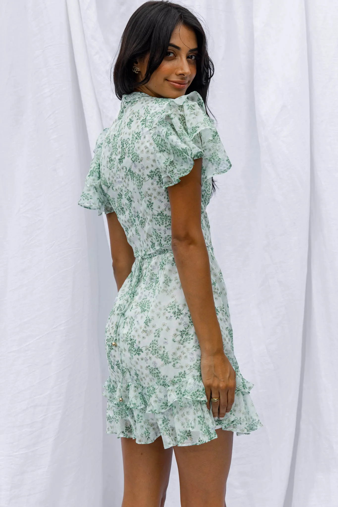 Lark High Neck Ruffle Sleeve Dress Clover Print Green