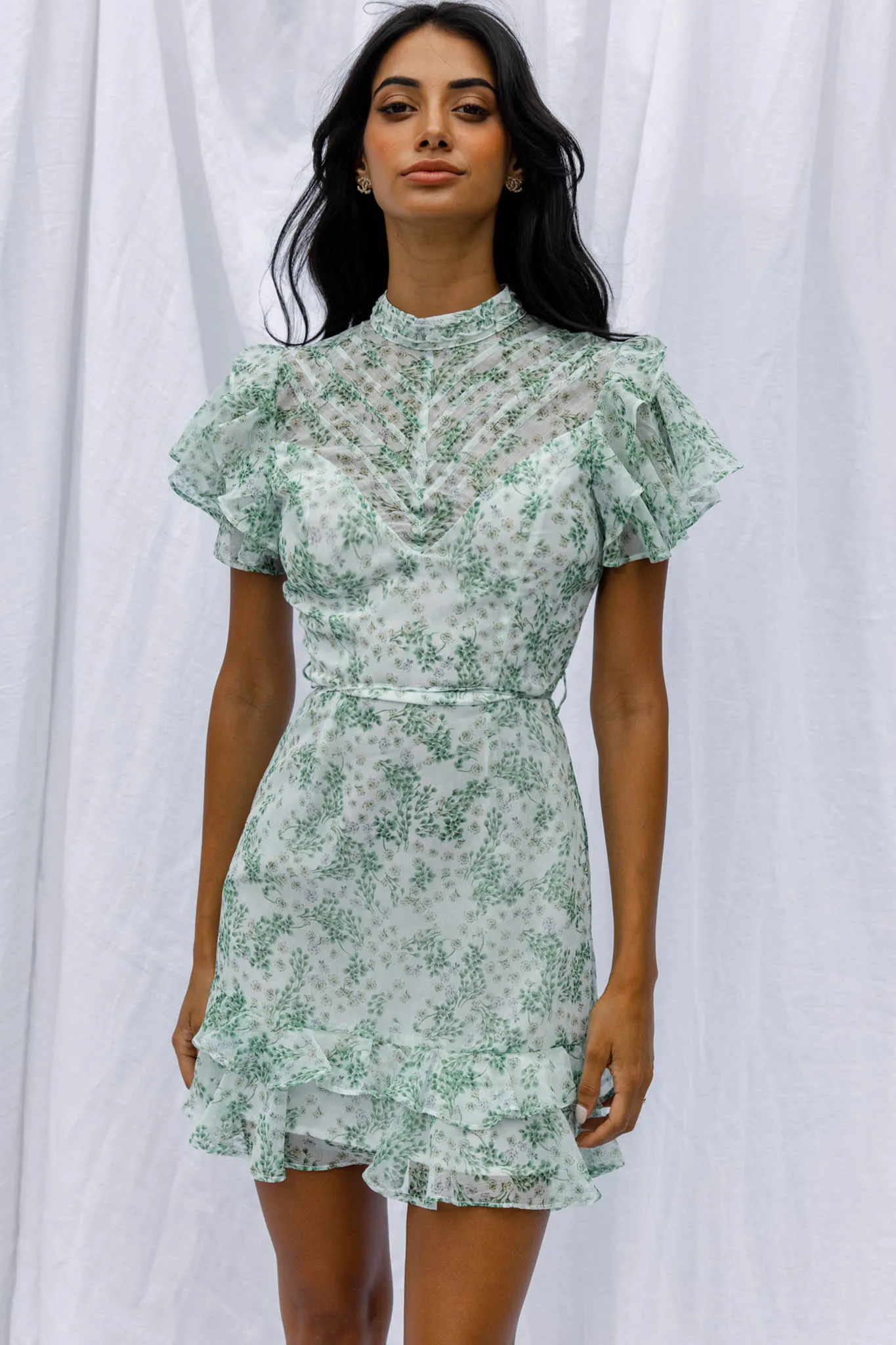 Lark High Neck Ruffle Sleeve Dress Clover Print Green