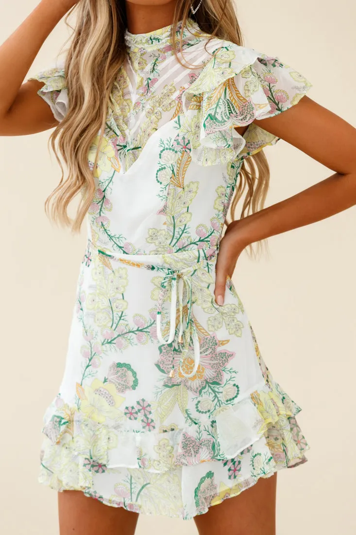 Lark High Neck Ruffle Sleeve Floral Print Dress Green