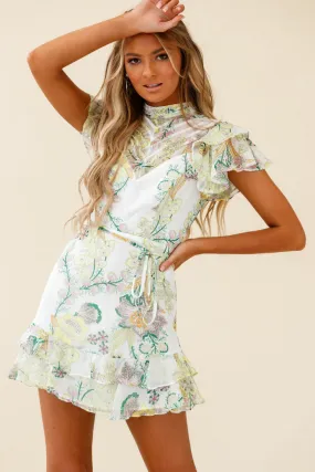 Lark High Neck Ruffle Sleeve Floral Print Dress Green