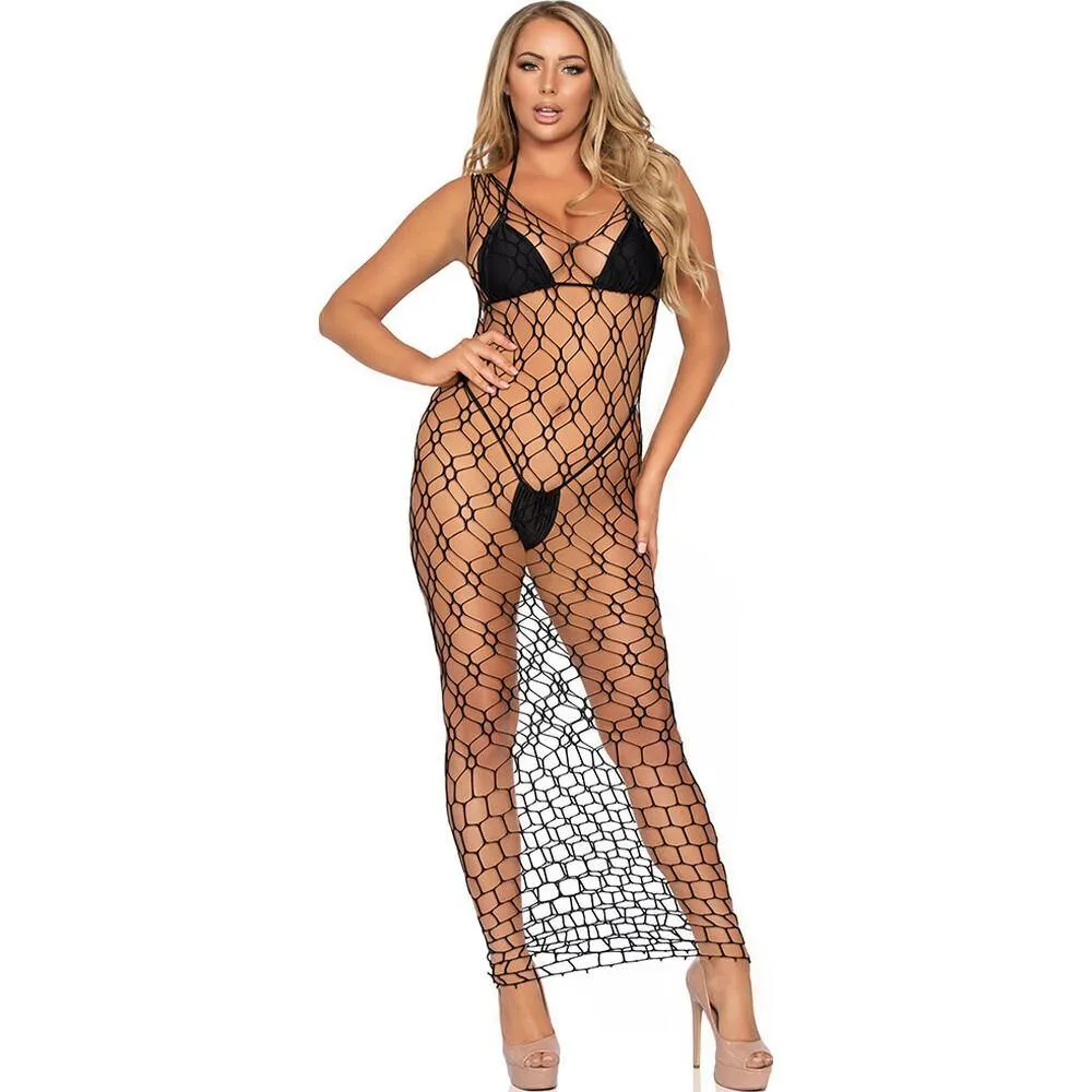 Leg Avenue Hexi Net Maxi Dress Black UK 8 to 14