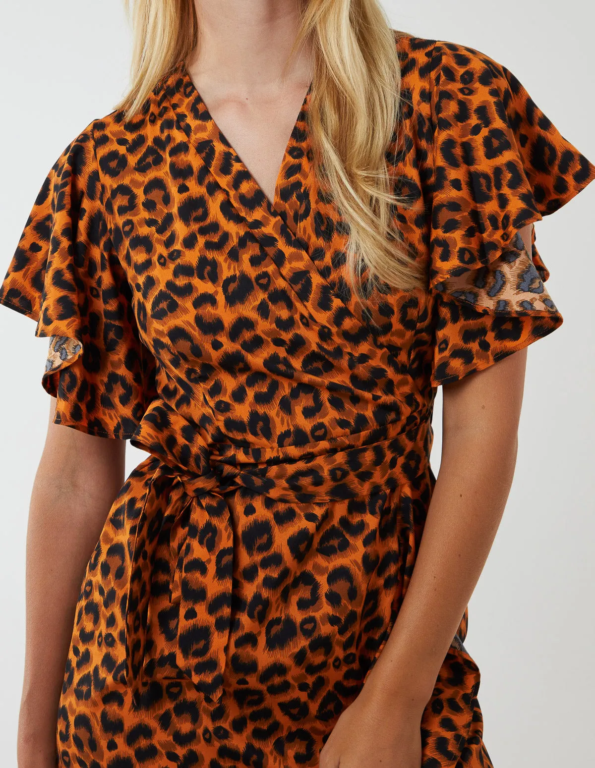 Leopard Print Wrap Ruffle Midi Dress