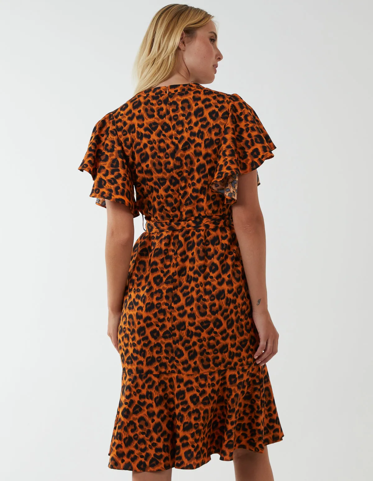 Leopard Print Wrap Ruffle Midi Dress