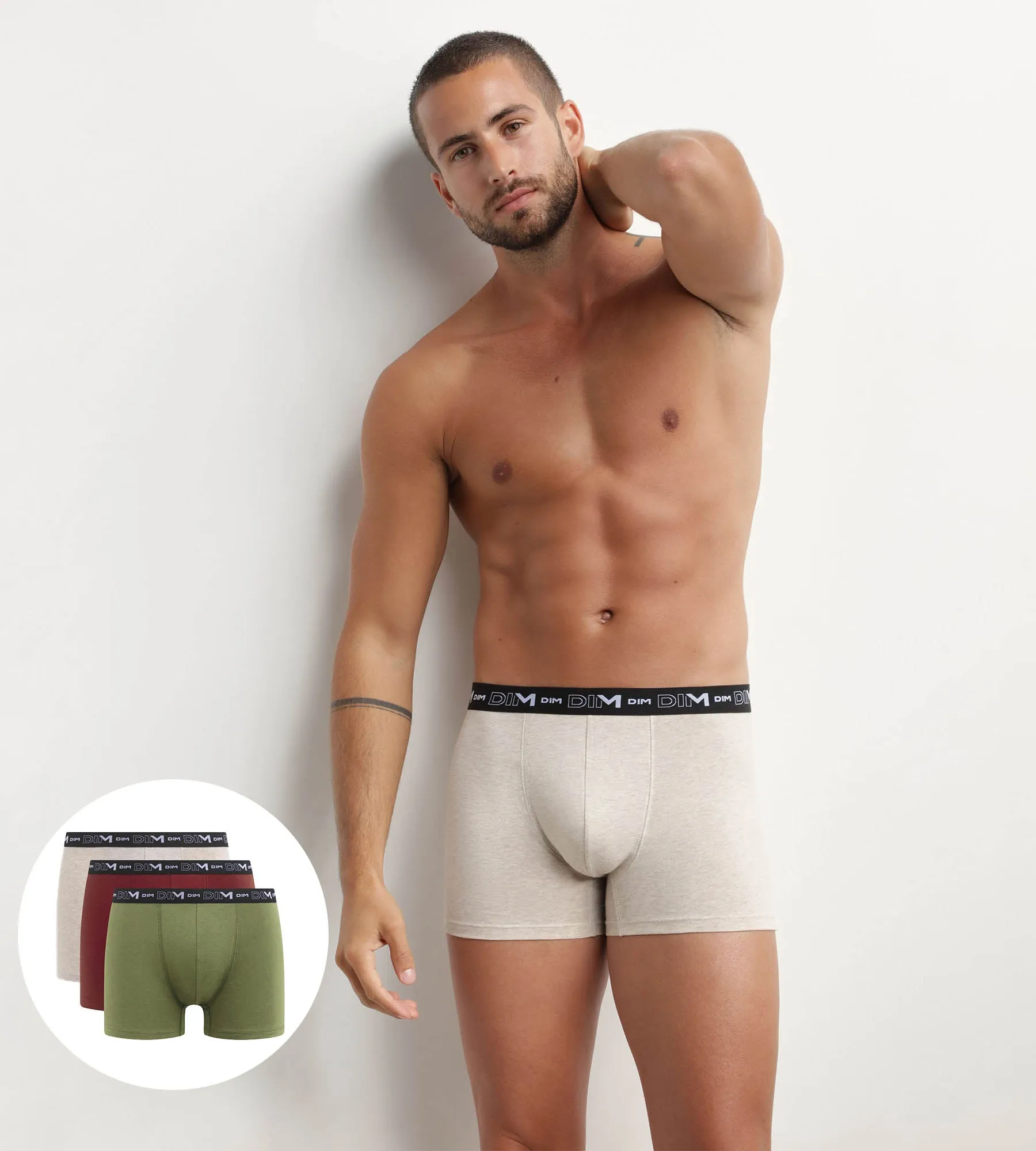 Lot de 3 boxers homme Crème Rouge Kaki Dim Coton Stretch