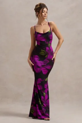 Lotus | Purple Floral Print Cowl-Neck Maxi Dress