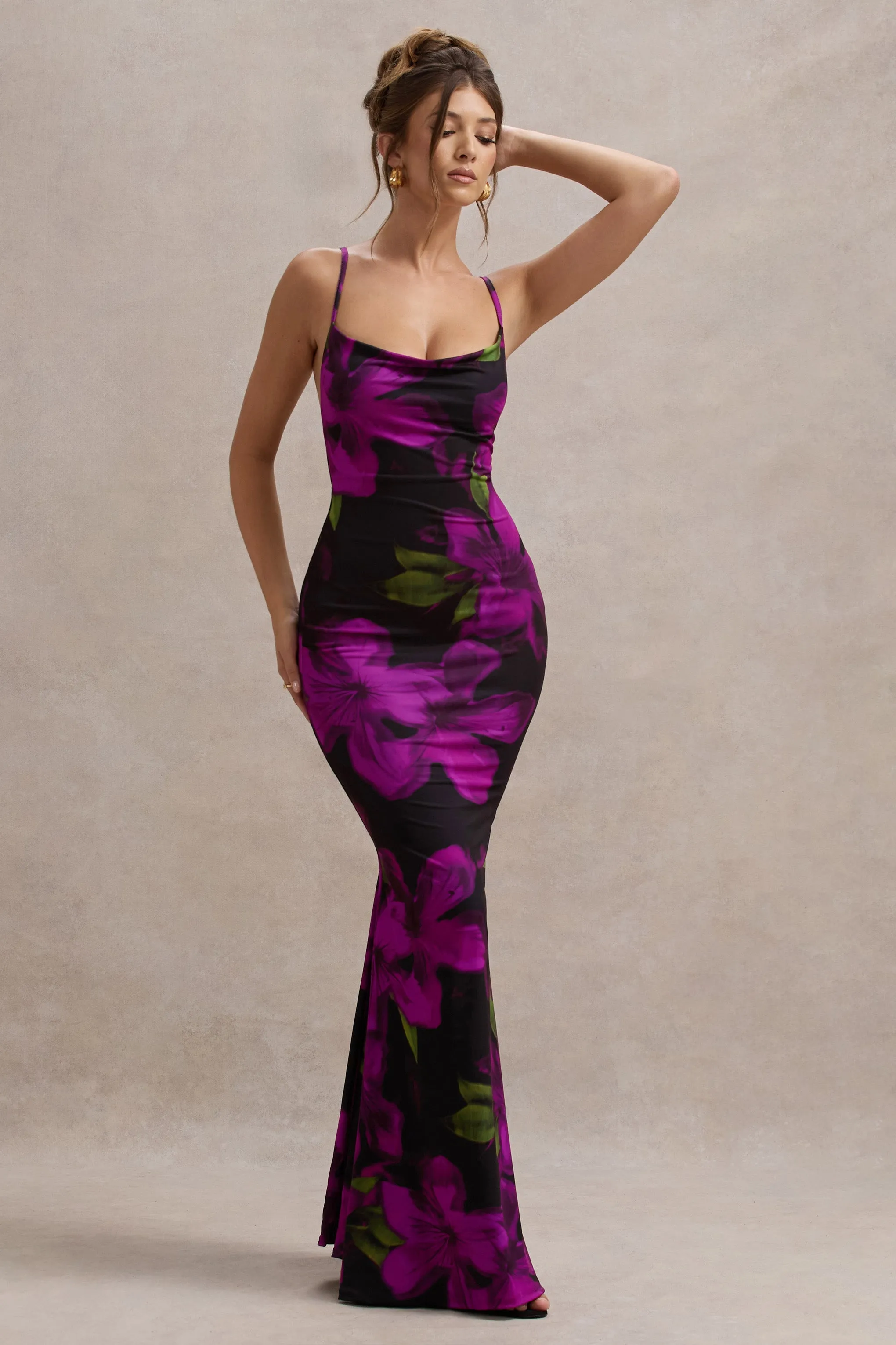 Lotus | Purple Floral Print Cowl-Neck Maxi Dress