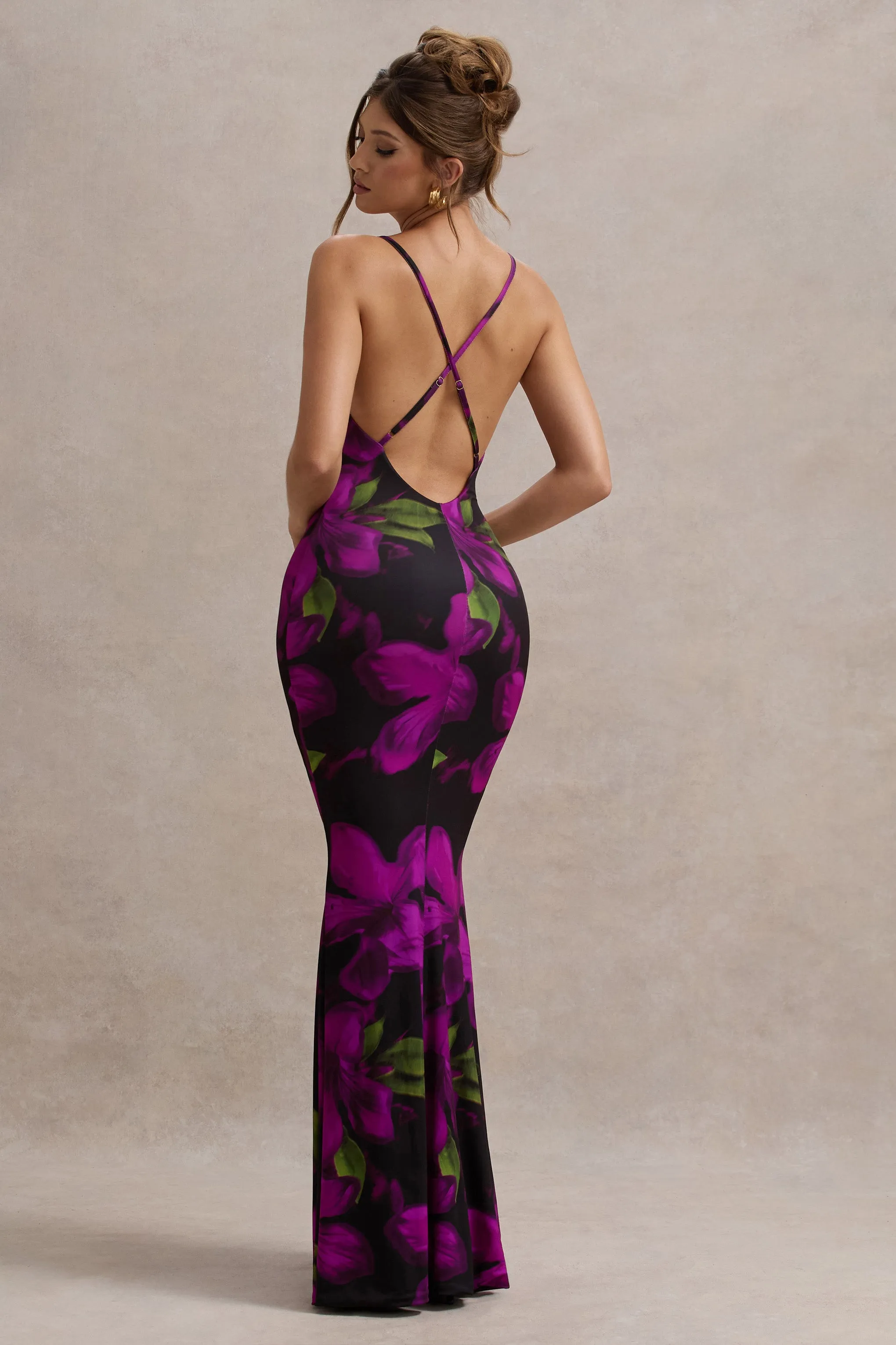 Lotus | Purple Floral Print Cowl-Neck Maxi Dress