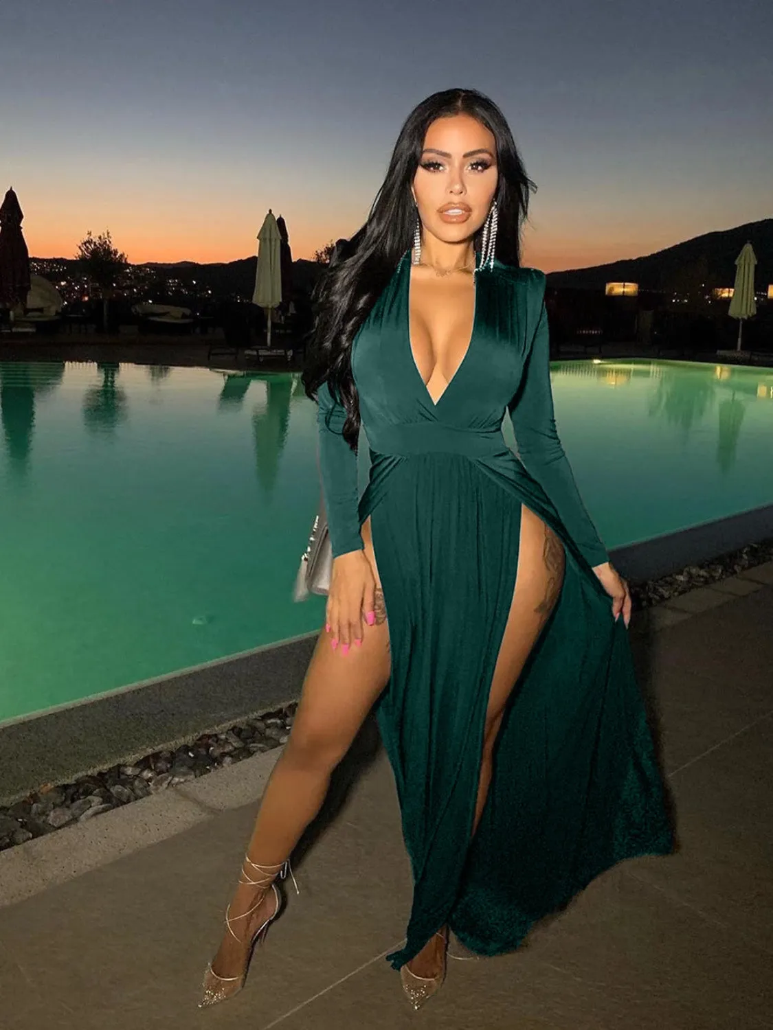 Low V Neckline High Slit  Long Sleeve Maxi Dress New Women's Fashion Sexy Plunge Flowy Long Dress KESLEY