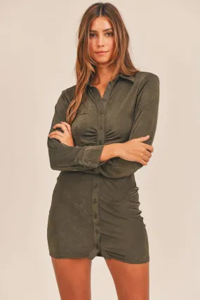 Mabel Front Ruched Button-Down Skinny Mini Shirt Dress