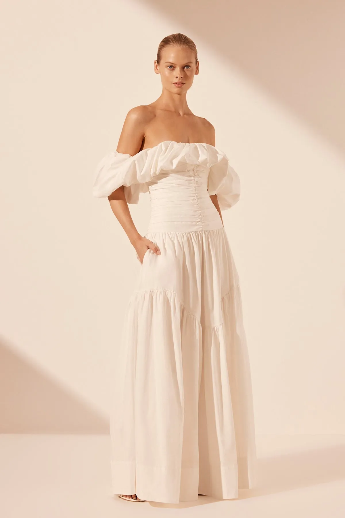 MAIORI OFF SHOULDER RUCHED BODICE MAXI DRESS - IVORY