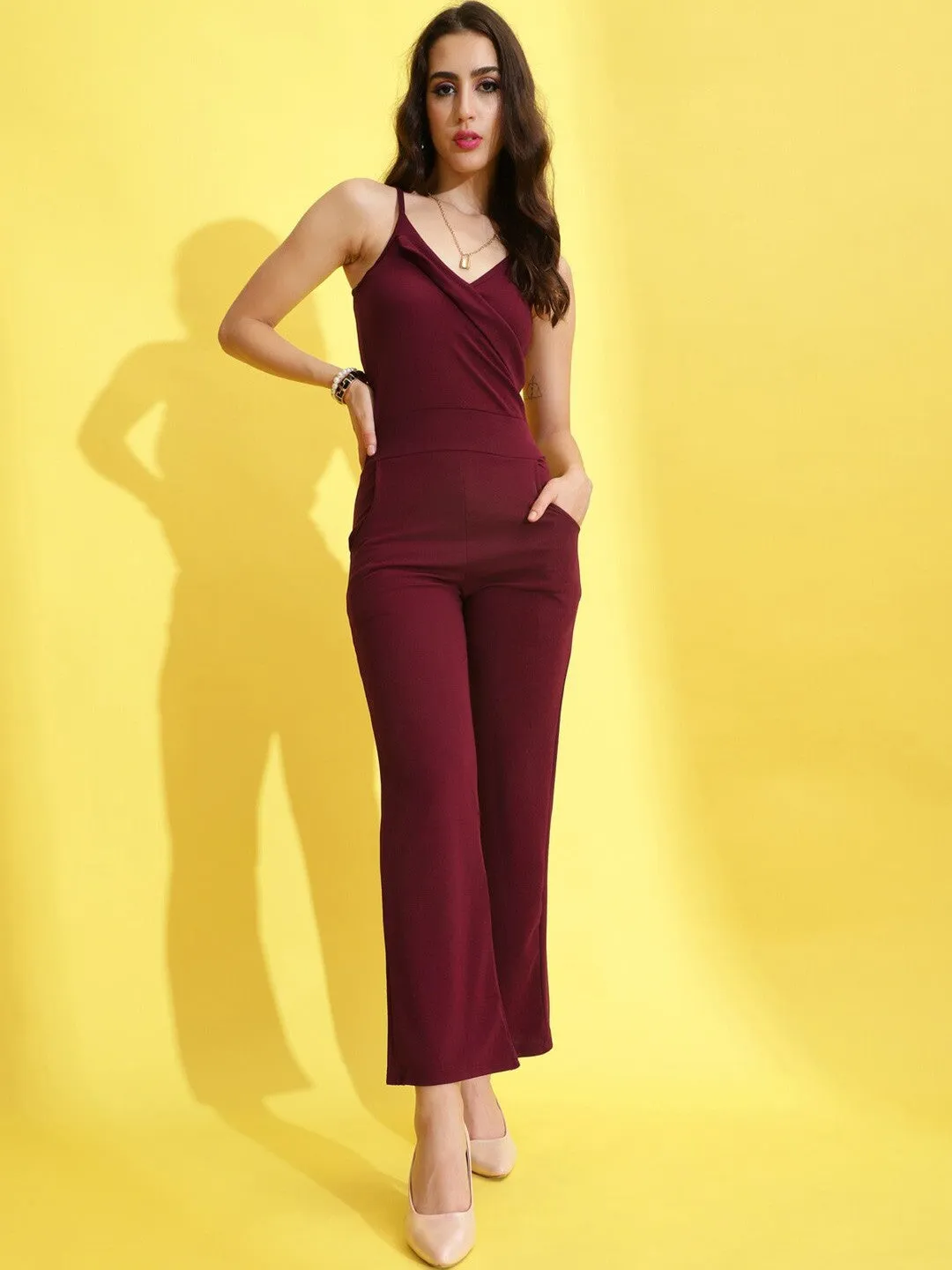 Maroon Solid V-Neck Sleeveless Jumpsuit