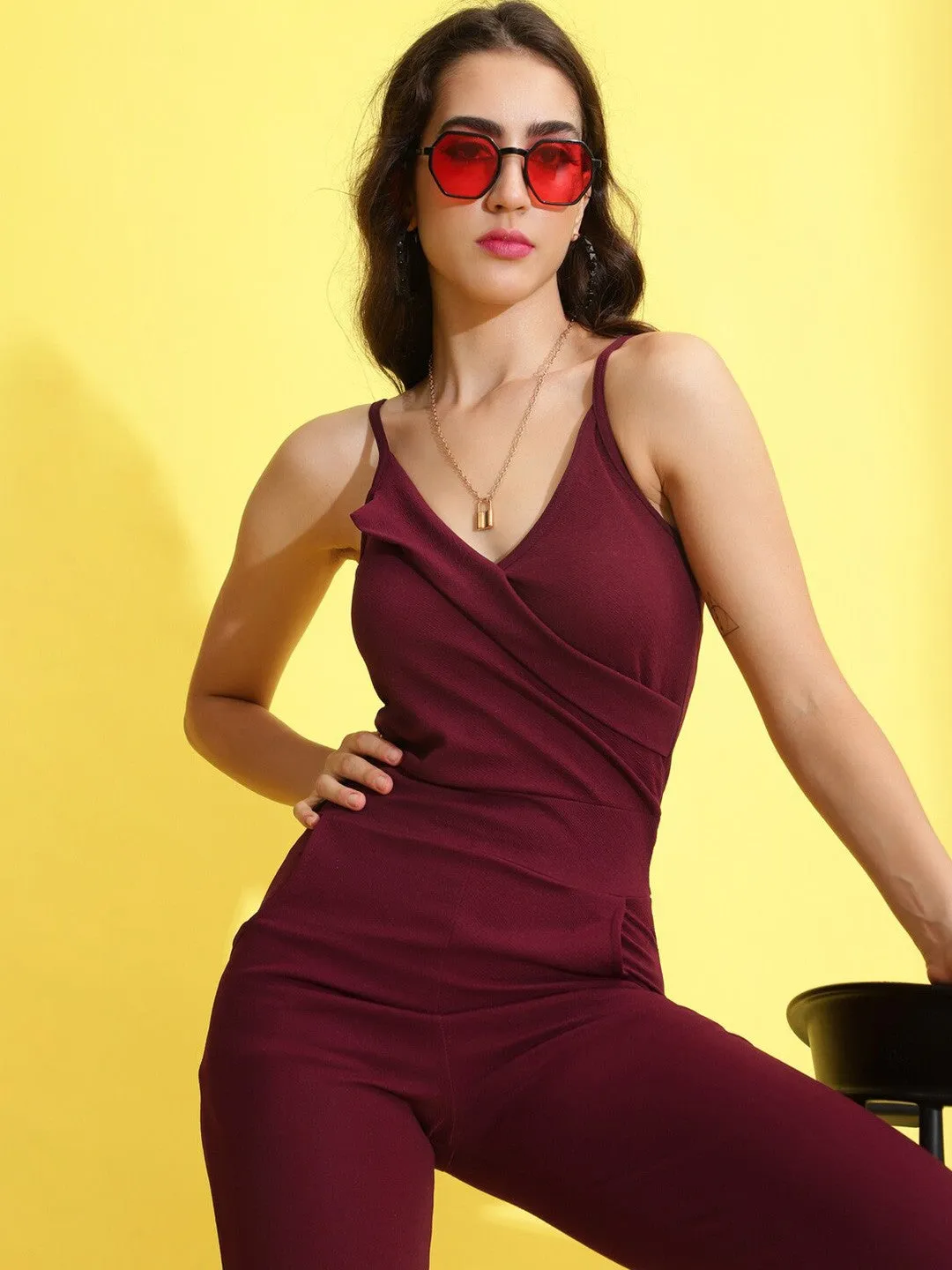 Maroon Solid V-Neck Sleeveless Jumpsuit