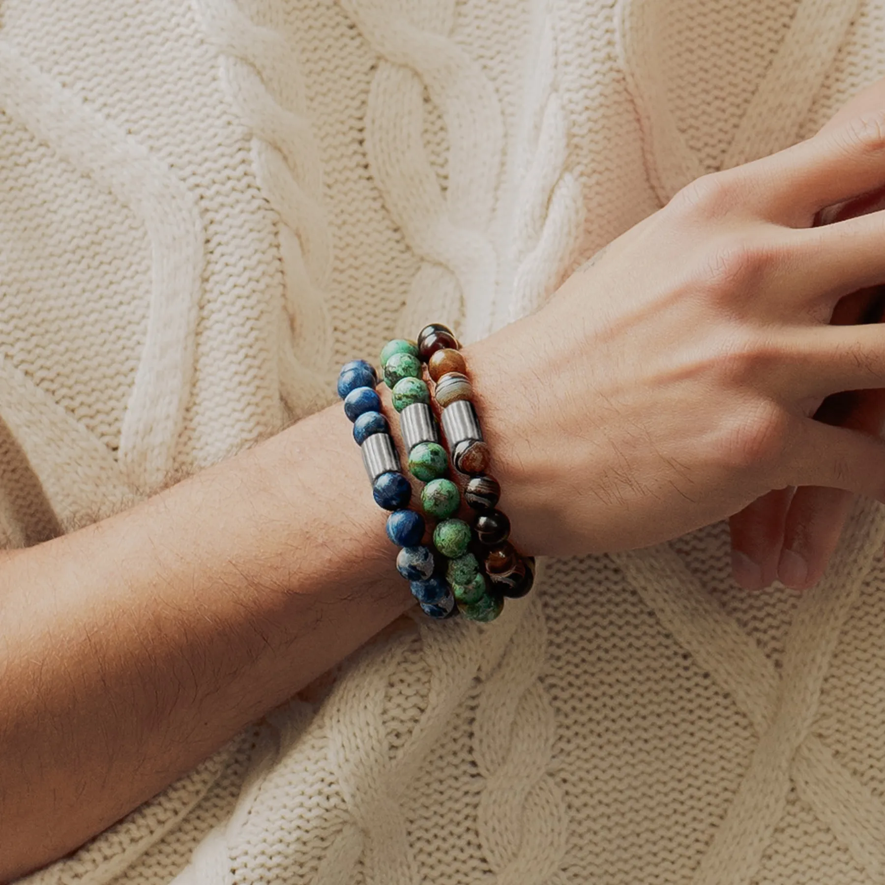 Maxi Pop Beaded Bracelet in Rhodium Silver with Brown Striped Agate