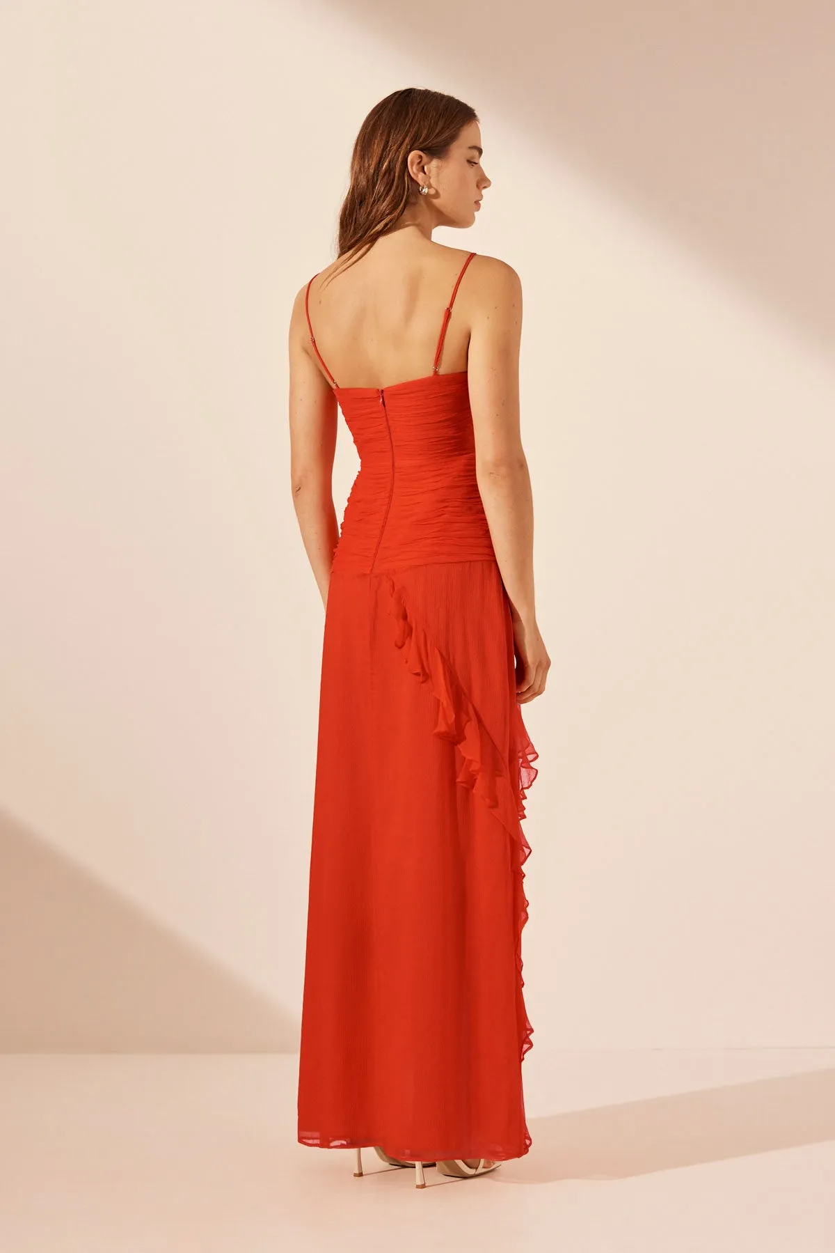 MAYA RUCHED LACE UP MAXI DRESS - HIBISCUS