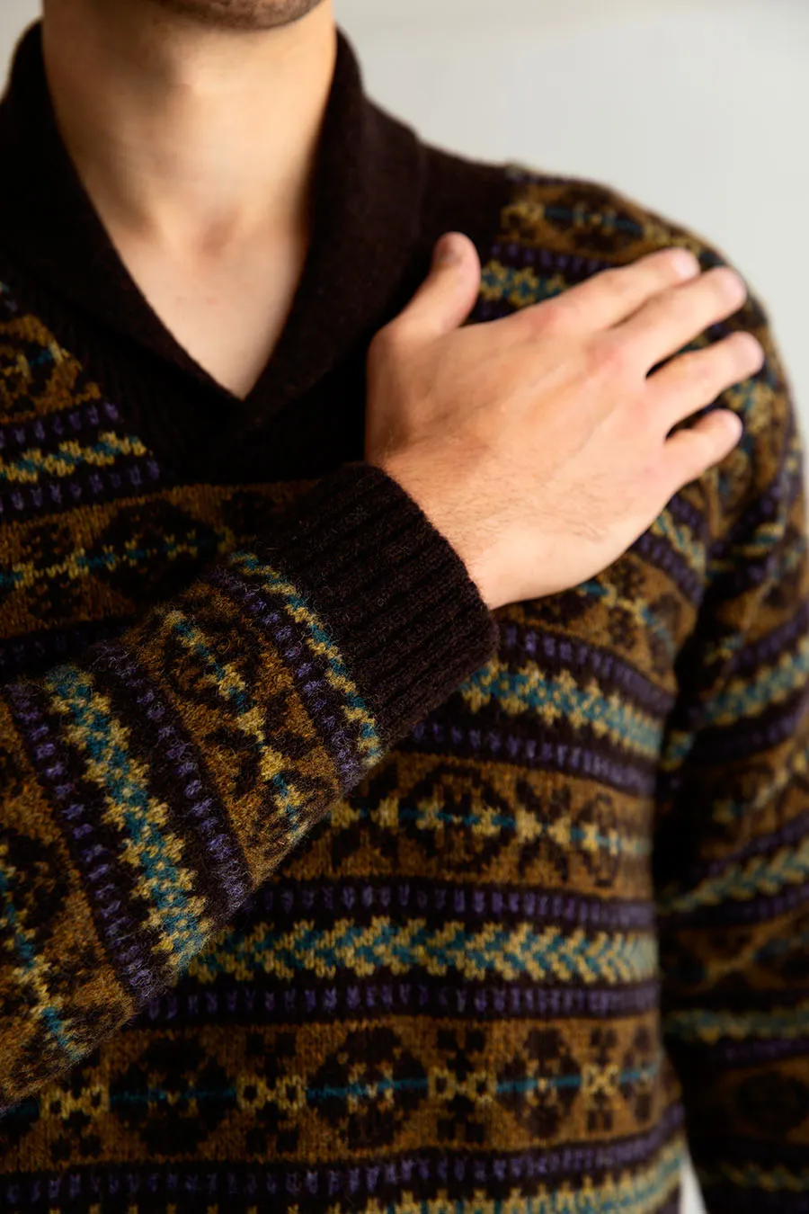 Mens Fair isle Lerwick Shawl Collar Jumper - Brown