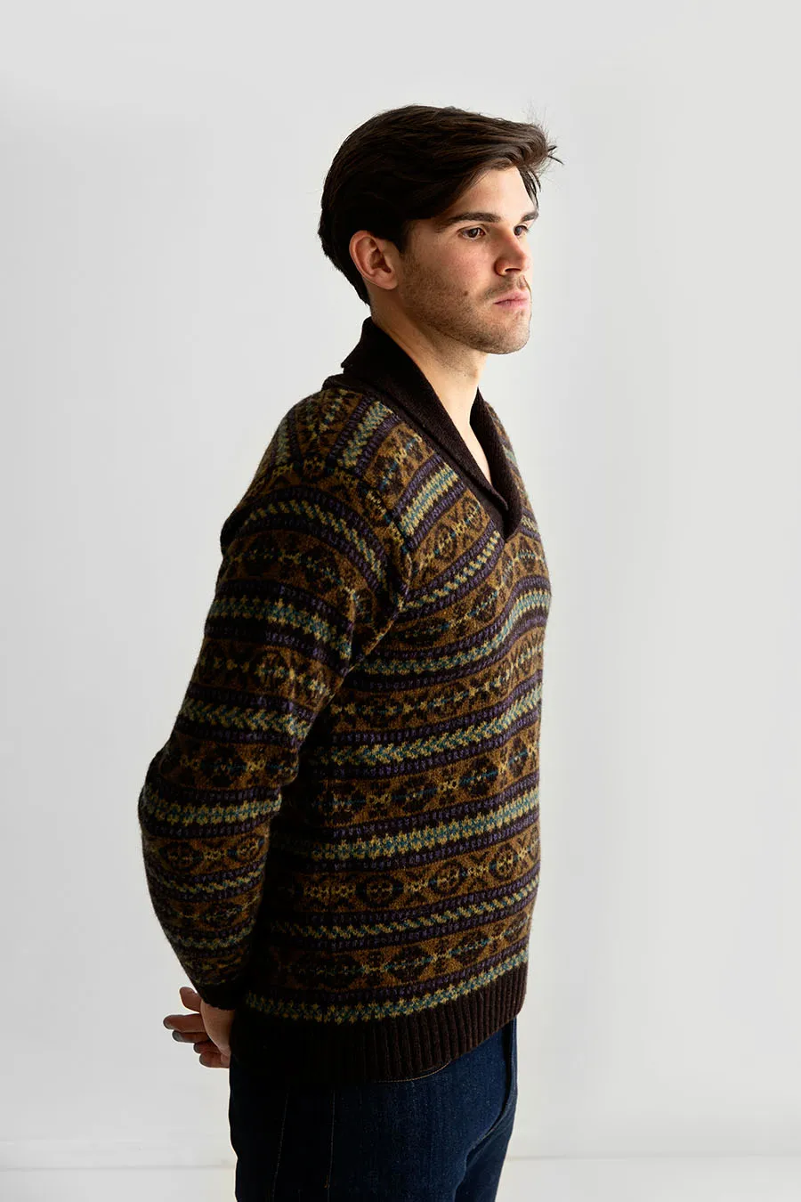 Mens Fair isle Lerwick Shawl Collar Jumper - Brown