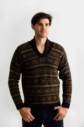 Mens Fair isle Lerwick Shawl Collar Jumper - Brown