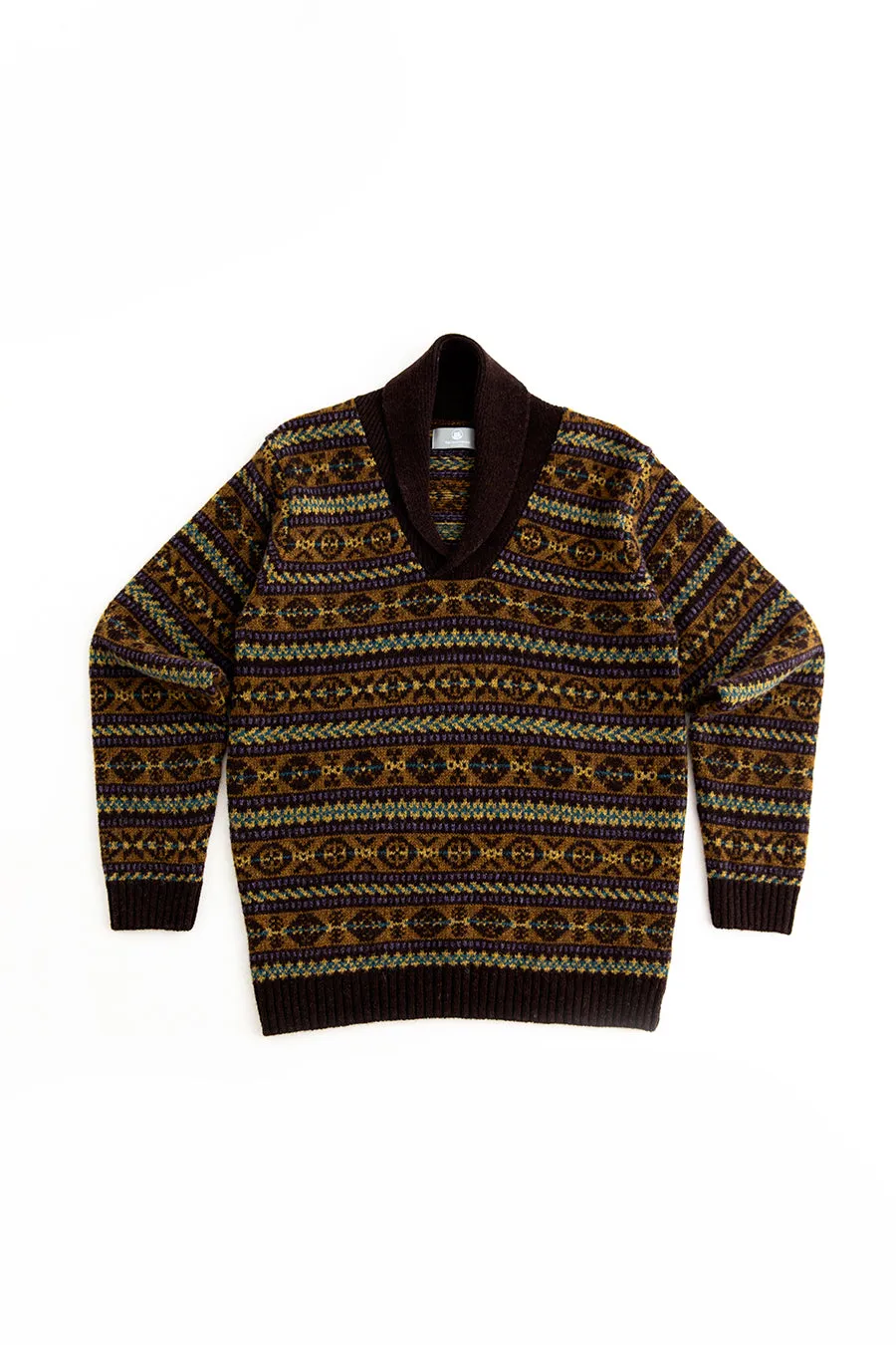 Mens Fair isle Lerwick Shawl Collar Jumper - Brown