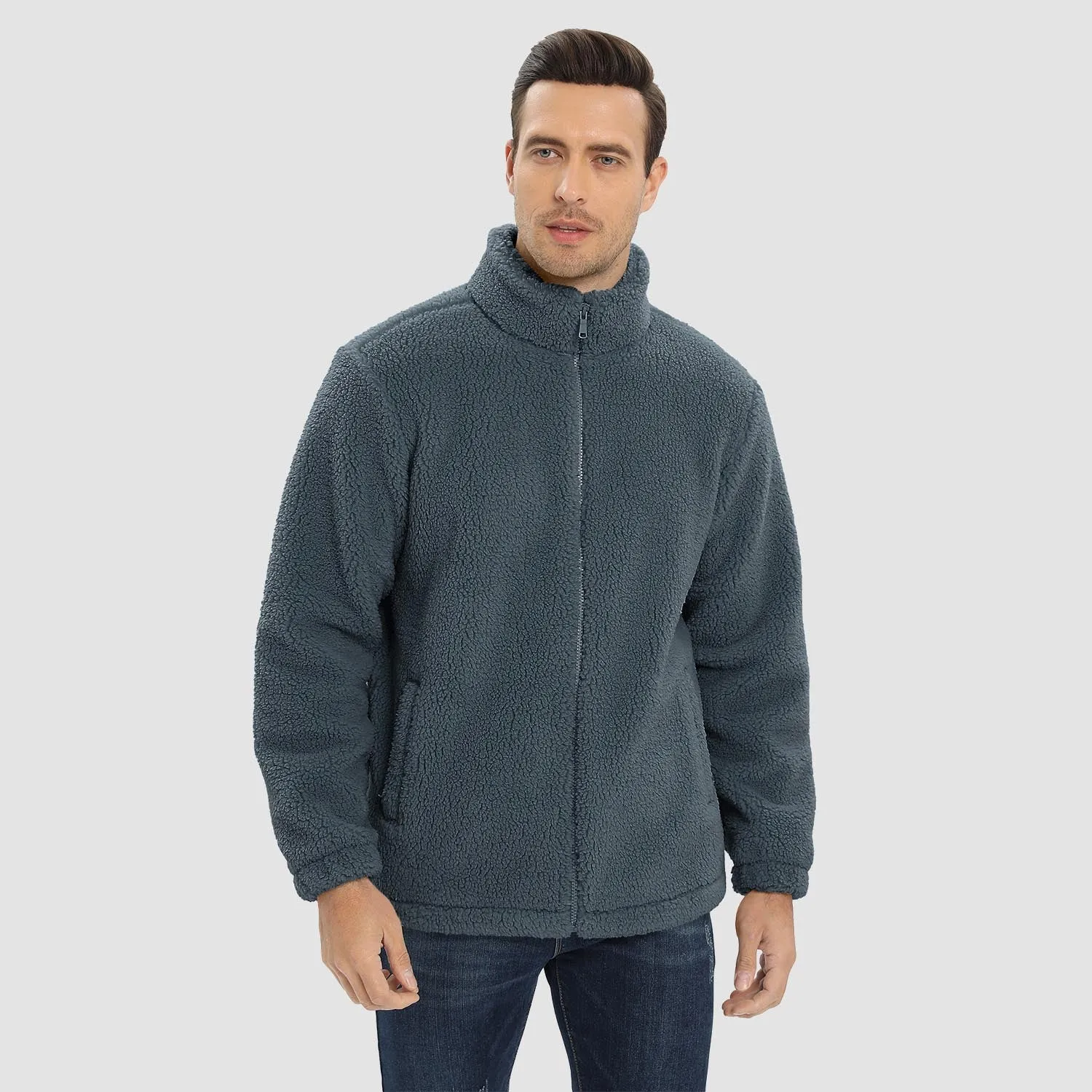 Men's Fluffy Sherpa Fleece Jacket Full Zip Casual Winter Outwear