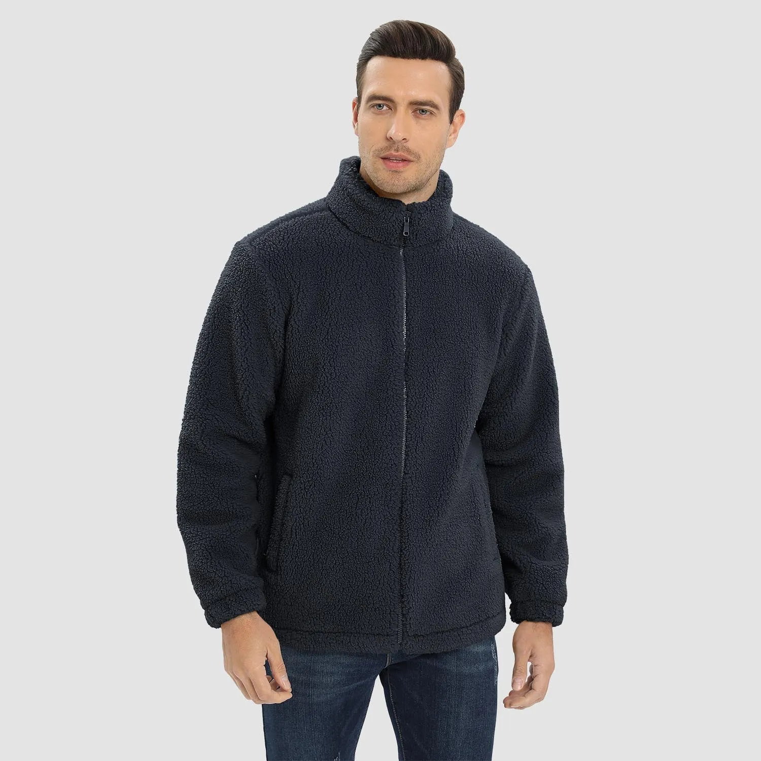 Men's Fluffy Sherpa Fleece Jacket Full Zip Casual Winter Outwear