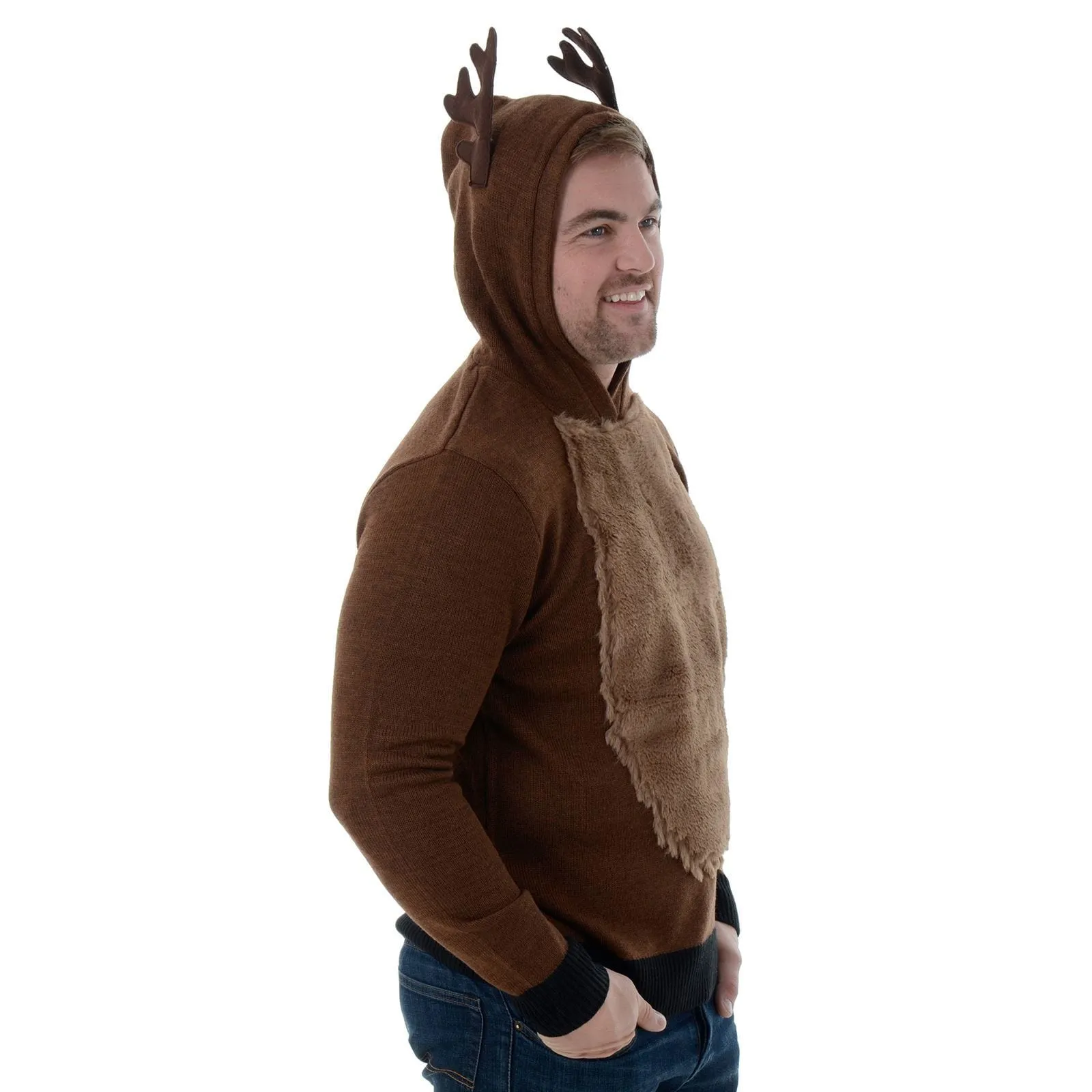 Mens Novelty Rudolph Overhead Hoody Knitted Christmas Jumper