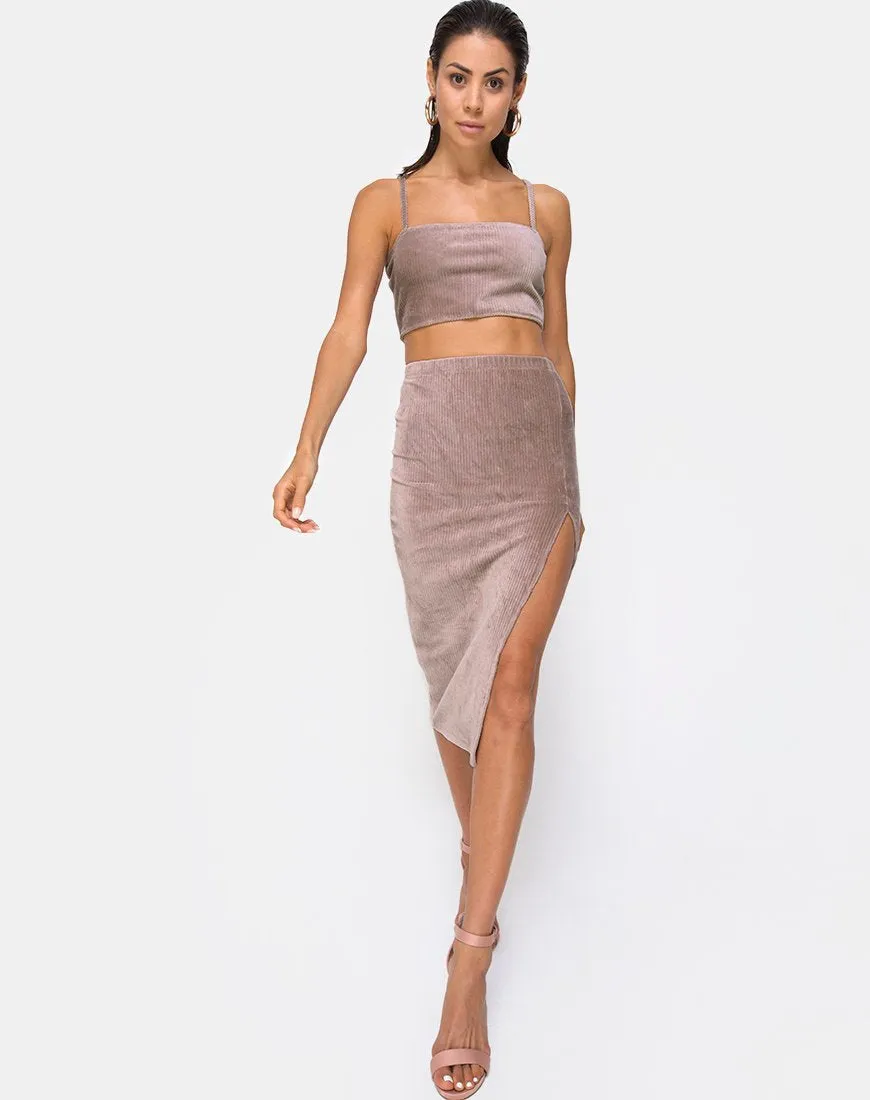 Midi Cheri Split Skirt in Rib Taupe