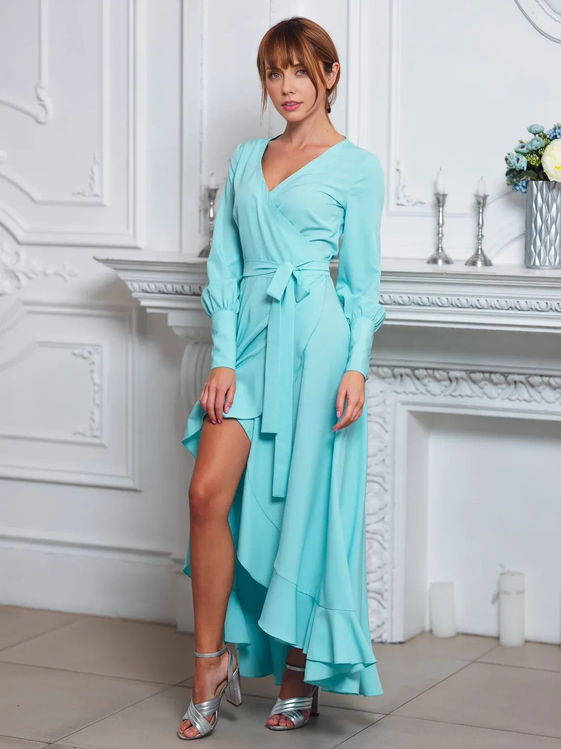 Mint Long Wrap Bridesmaid Dress Cocktail Dress Wedding Guest Dress Formal Dress