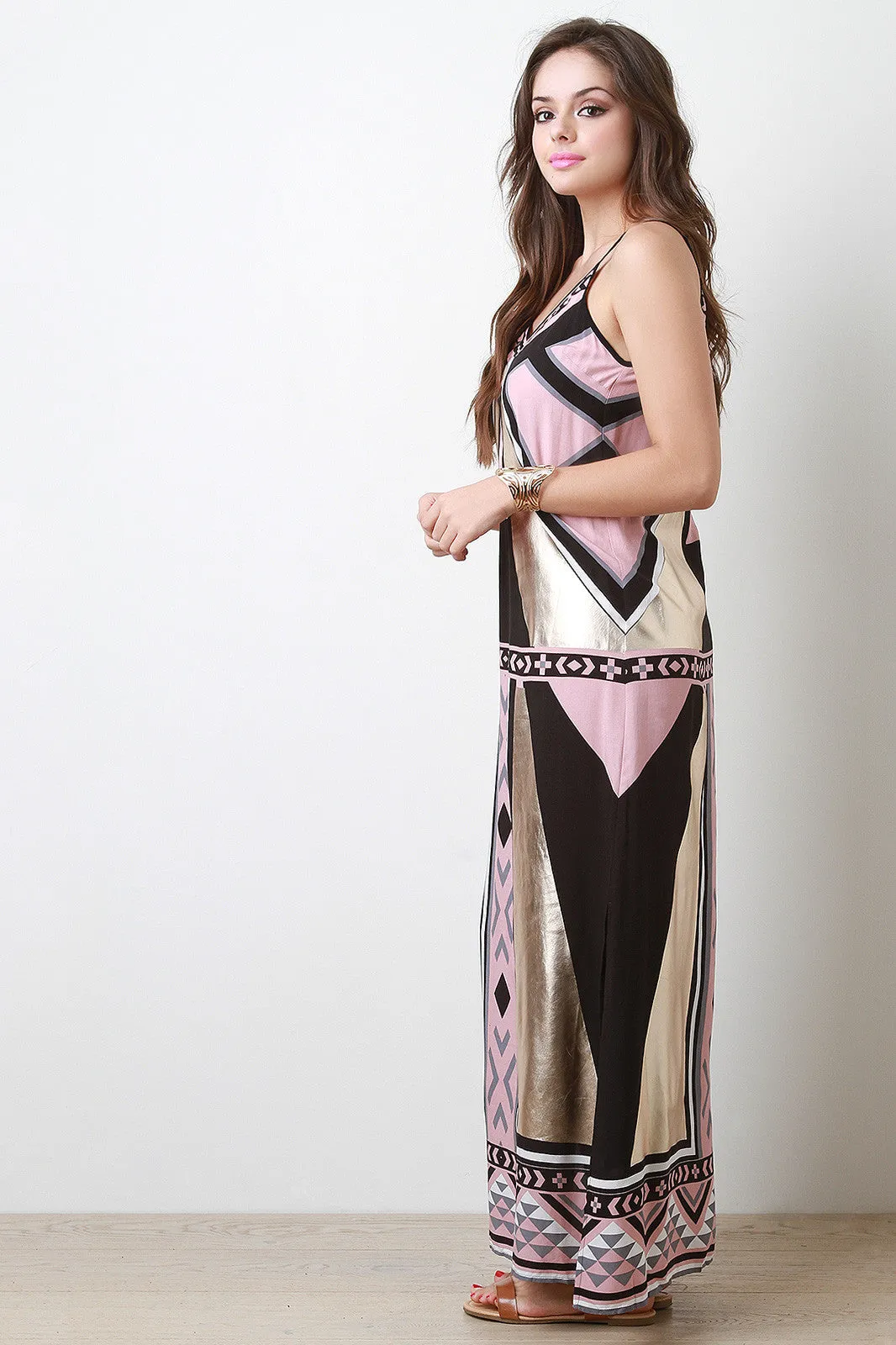 Mixed Patterned Print Metallic Trim V-Neck Cami Maxi Dress