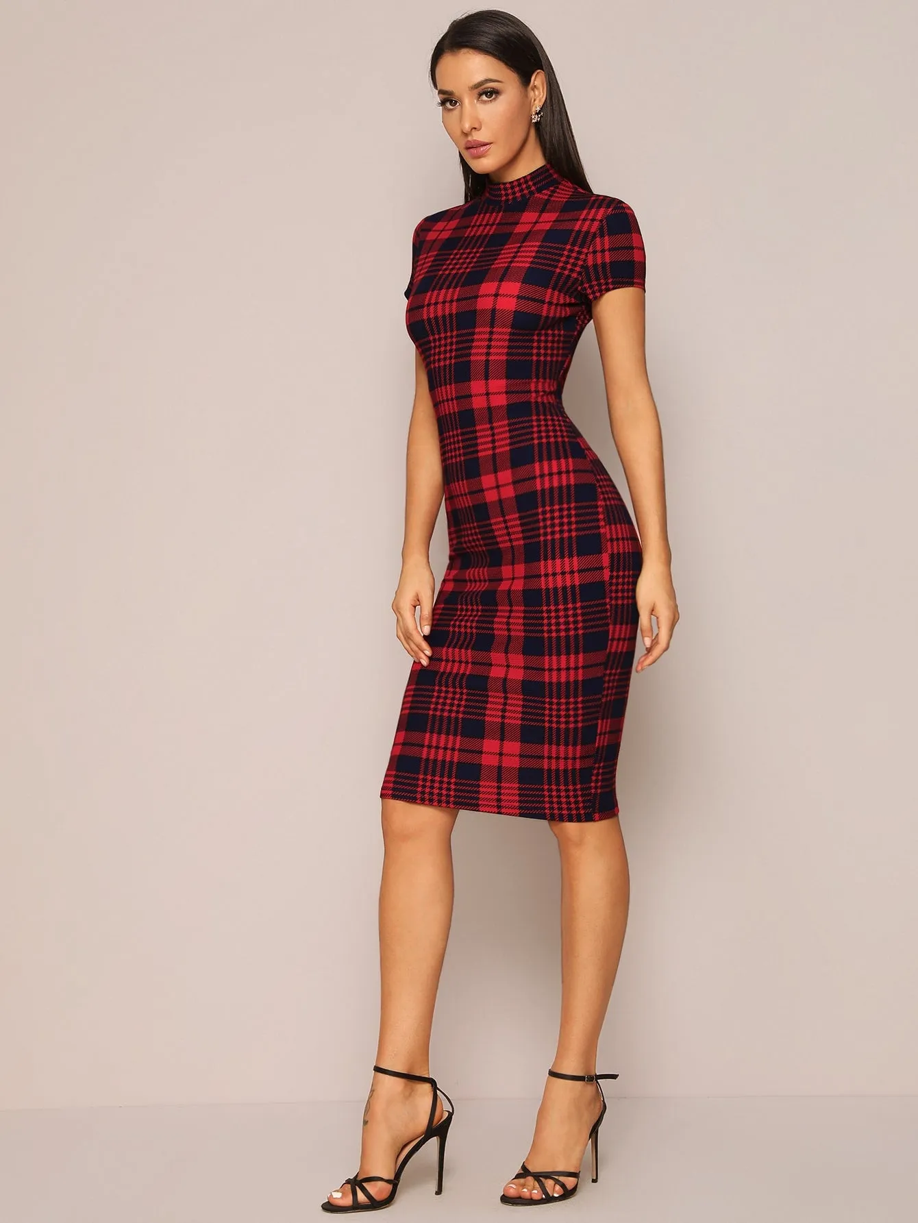 Mock-Neck Plaid Form Fitted Dress