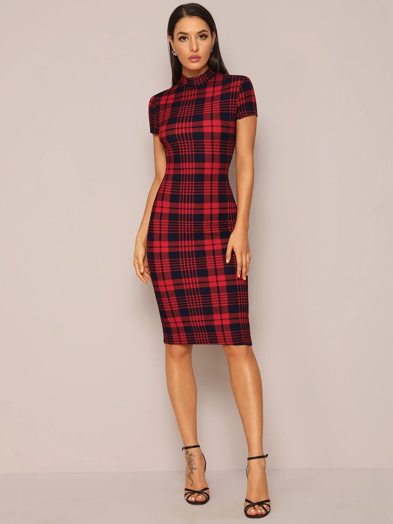 Mock-Neck Plaid Form Fitted Dress