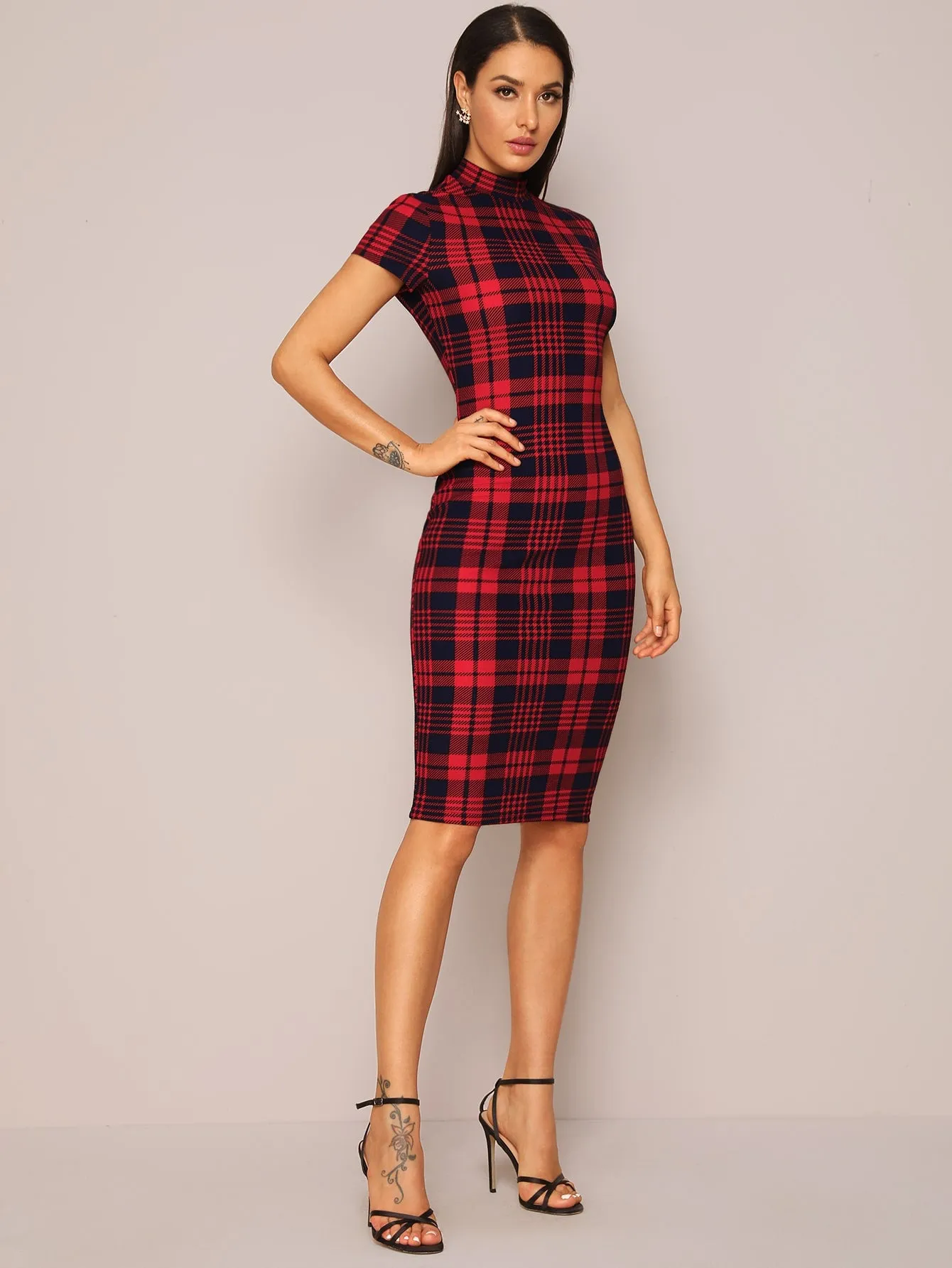 Mock-Neck Plaid Form Fitted Dress