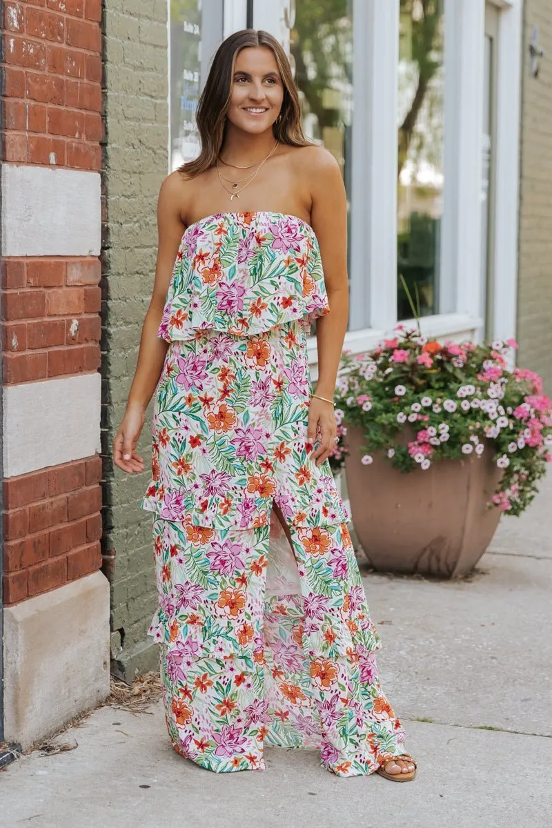 Multi Floral Strapless Slit Maxi Dress - FINAL SALE