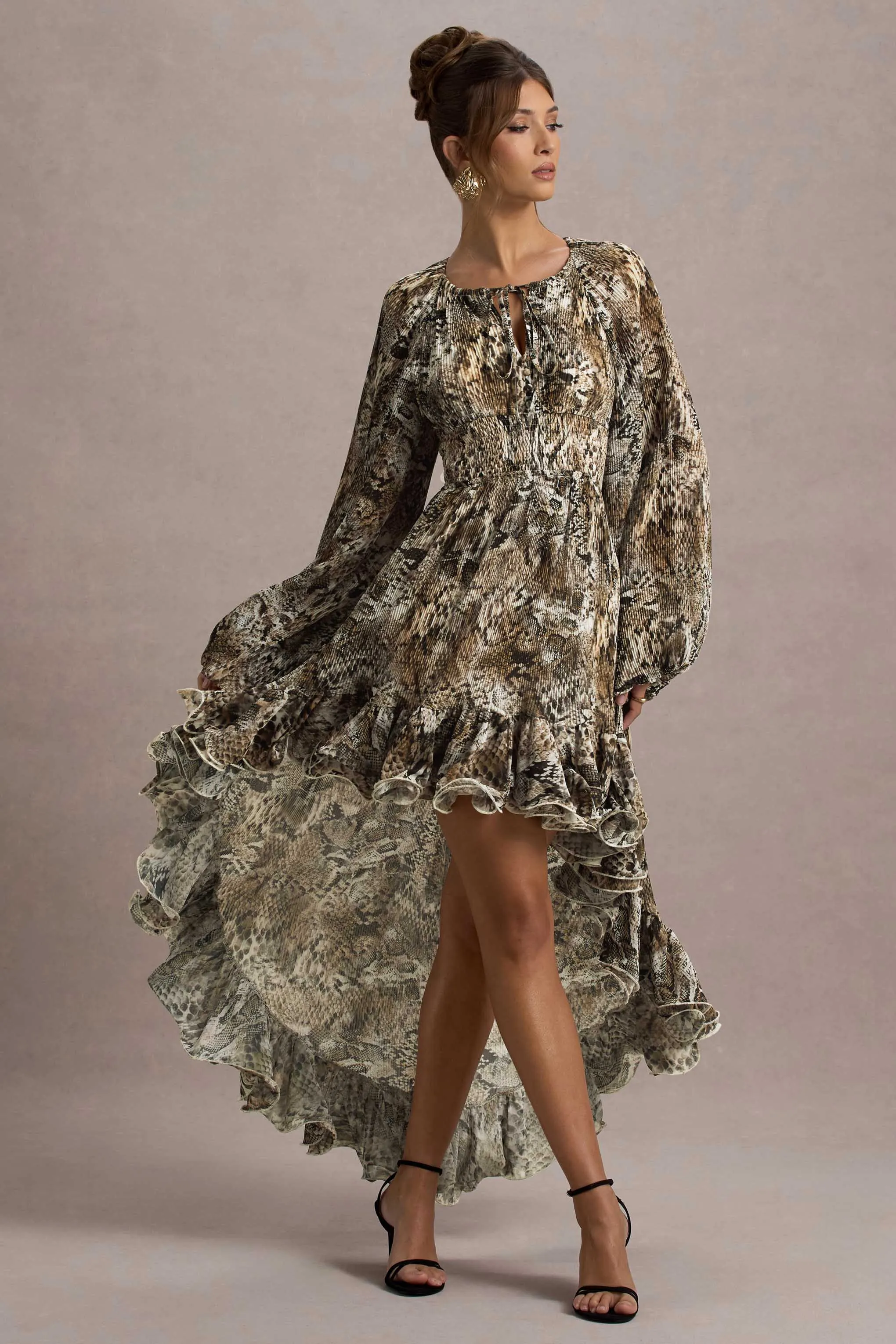 Namir | Snake Print High-Low Chiffon Maxi Dress