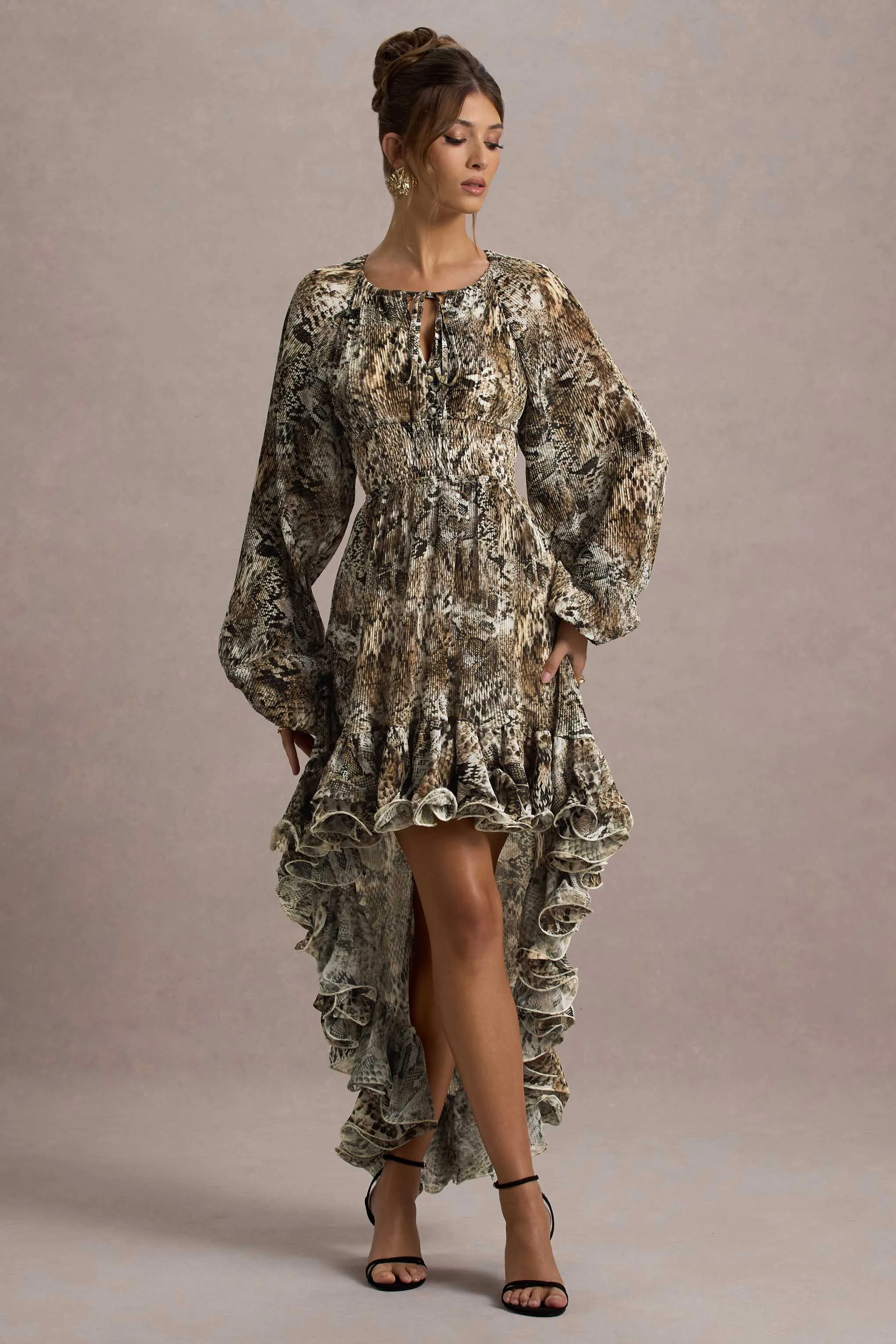 Namir | Snake Print High-Low Chiffon Maxi Dress