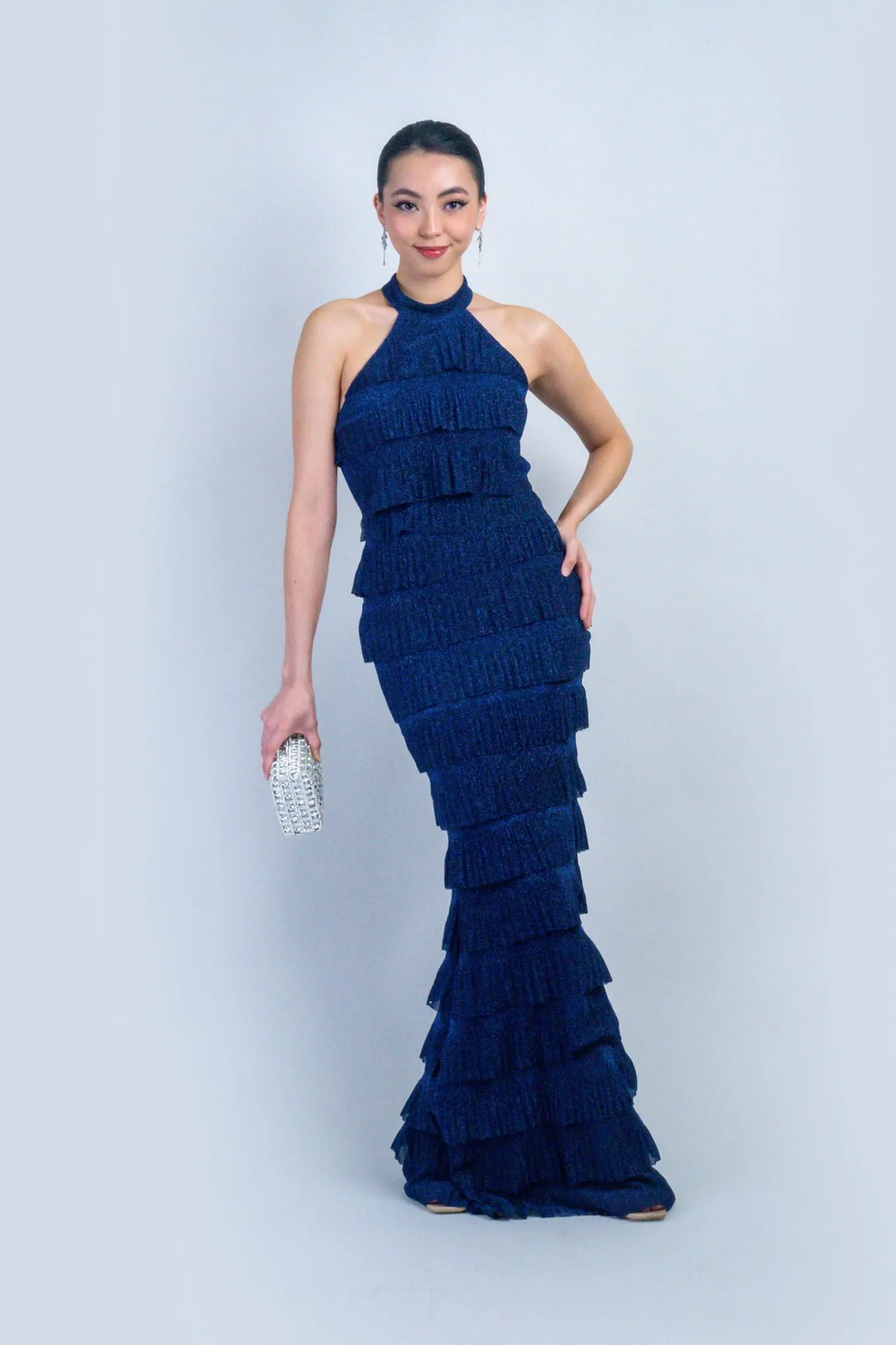 Navy Halter Layered Ruffle Mermaid Gown