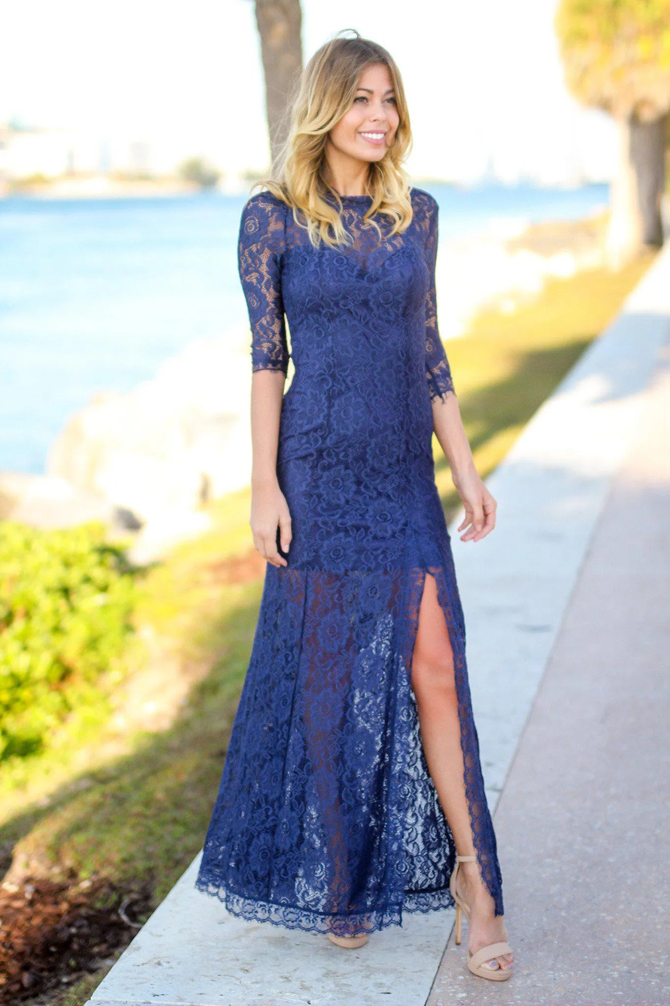 Navy Lace Maxi Dress with 3/4 Sleeves