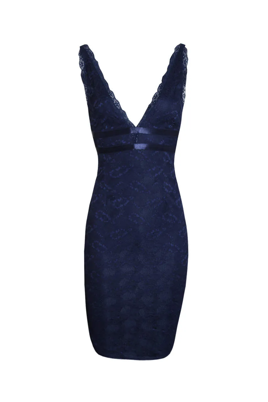 Navy Lace V Neckline Bodycon Dress