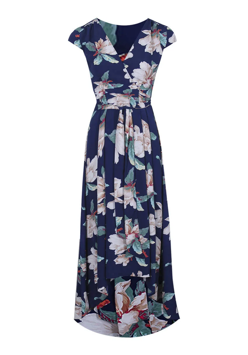 Navy Print Wrap V Neck Dress