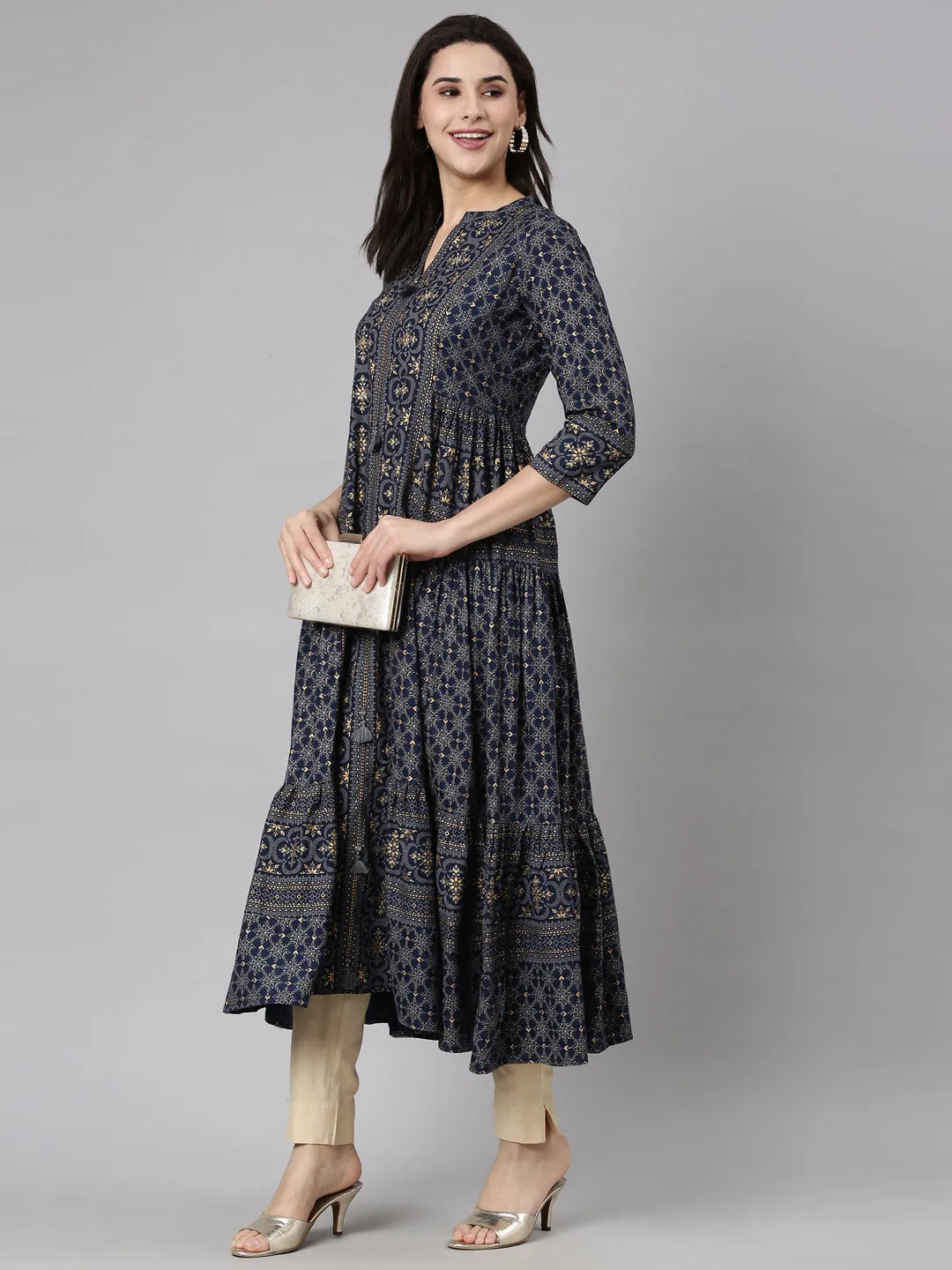 Neerus Navy Blue Flared Casual Floral Maxi Dresses