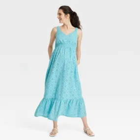 New - Sleeveless Eyelet Maxi Maternity Dress - Isabel Maternity by Ingrid & Isabel Blue XS