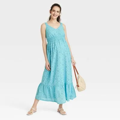 New - Sleeveless Eyelet Maxi Maternity Dress - Isabel Maternity by Ingrid & Isabel Blue XS