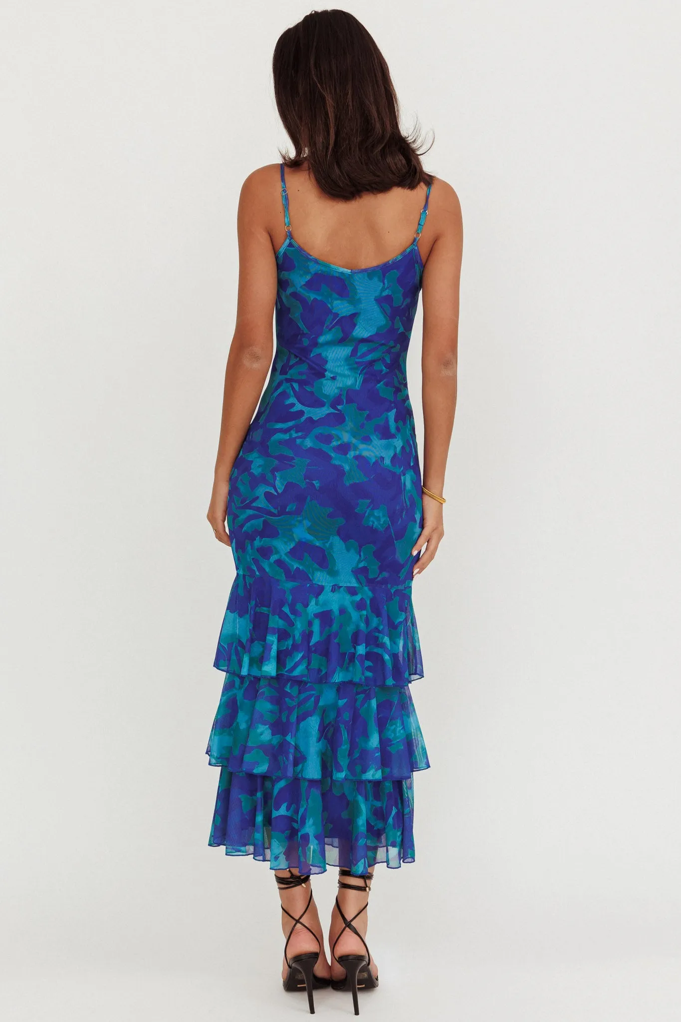 Oskar Tiered Ruffle Hem Mermaid Maxi Dress Abstract Blue