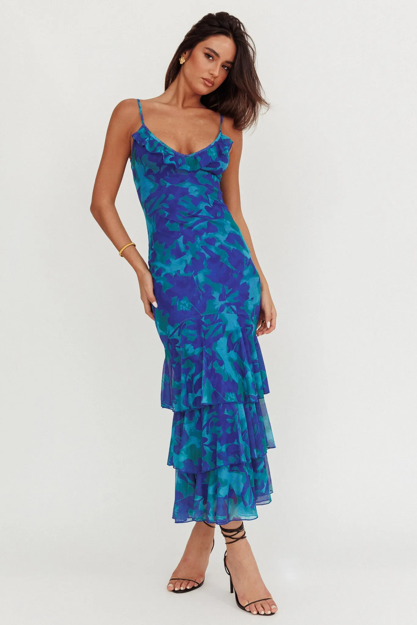 Oskar Tiered Ruffle Hem Mermaid Maxi Dress Abstract Blue