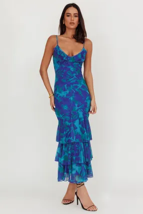 Oskar Tiered Ruffle Hem Mermaid Maxi Dress Abstract Blue