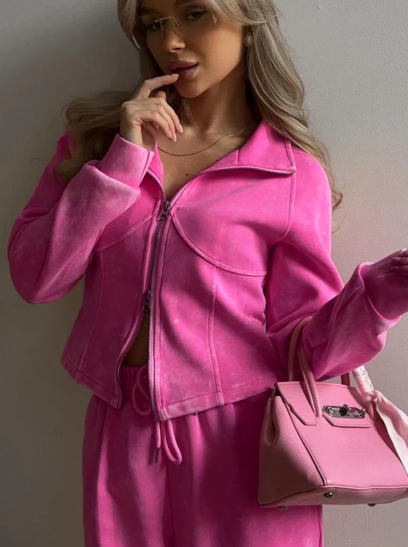 Pink Cropped Zip-Up Jacket Lounge Set