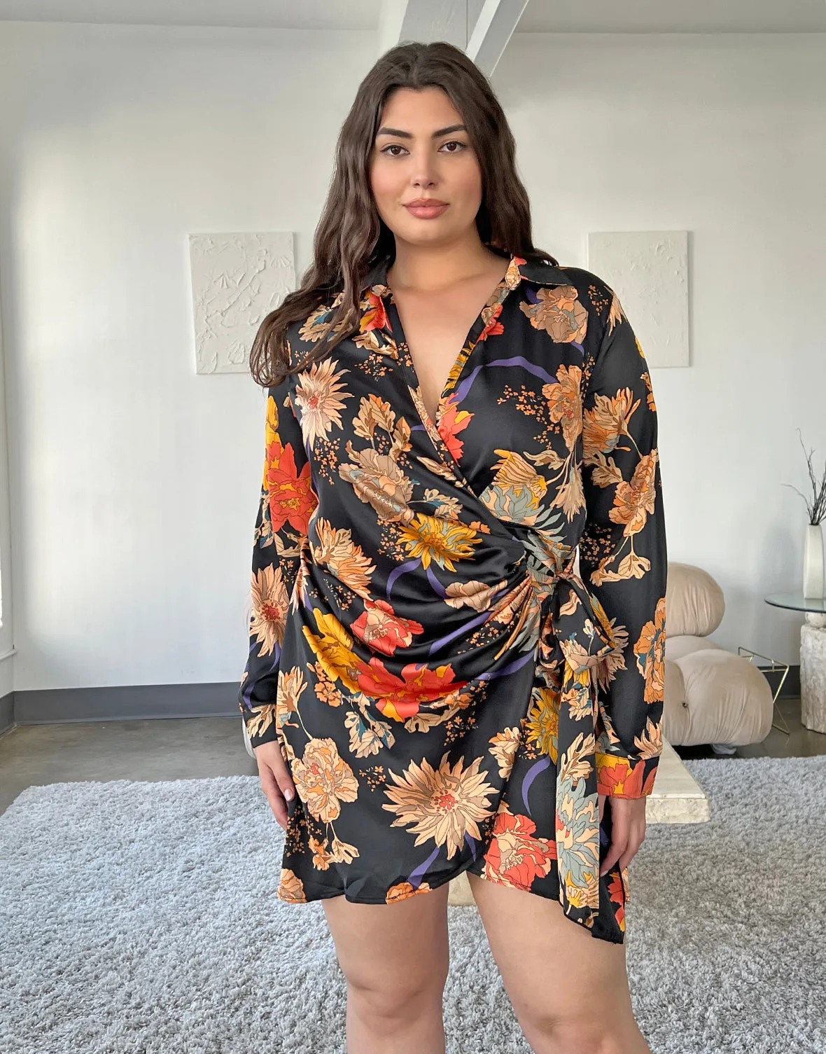 Plus Size Floral Long Sleeve Wrap Dress