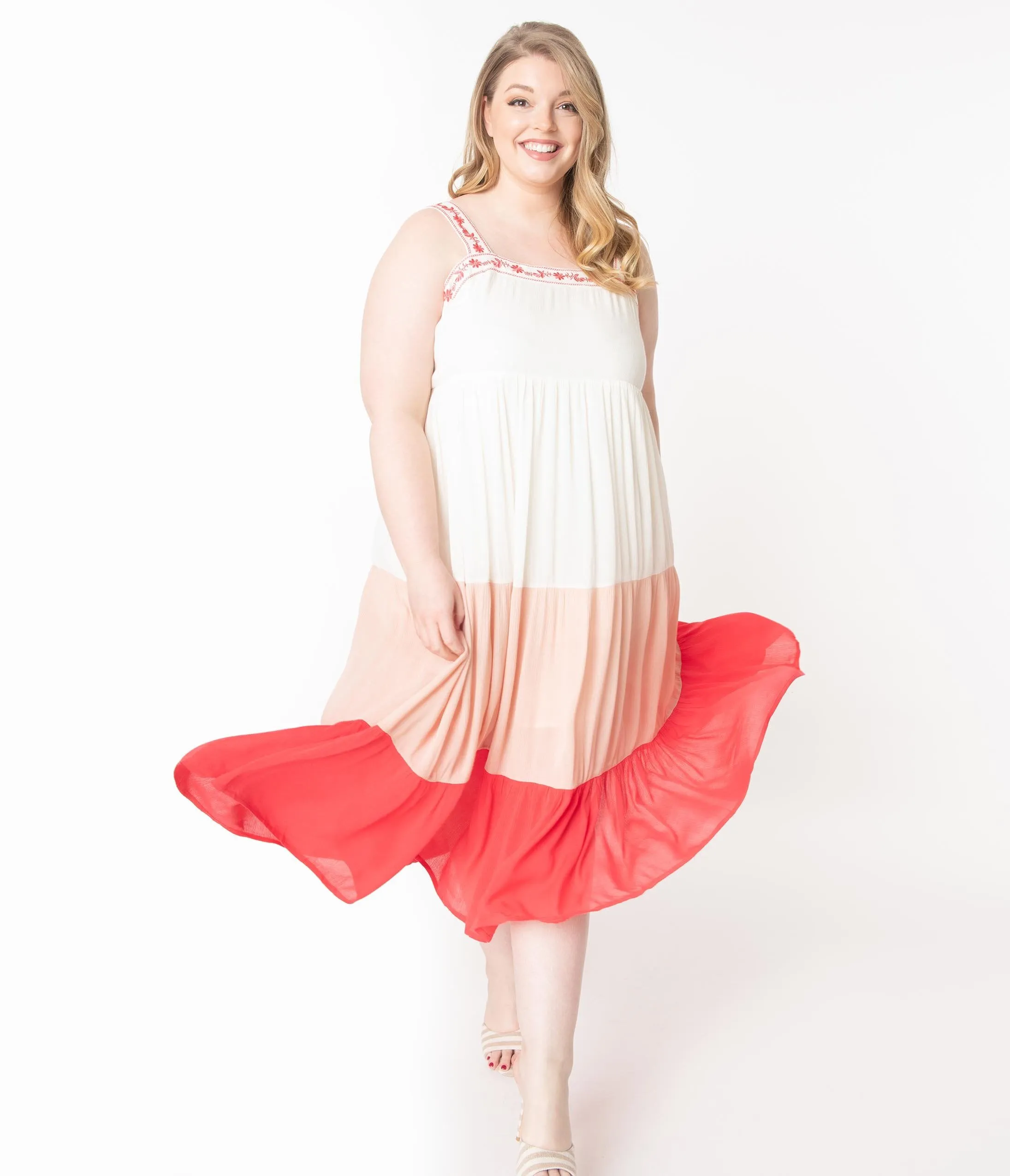 Plus Size Off White & Coral Tiered Coloblock Maxi Dress